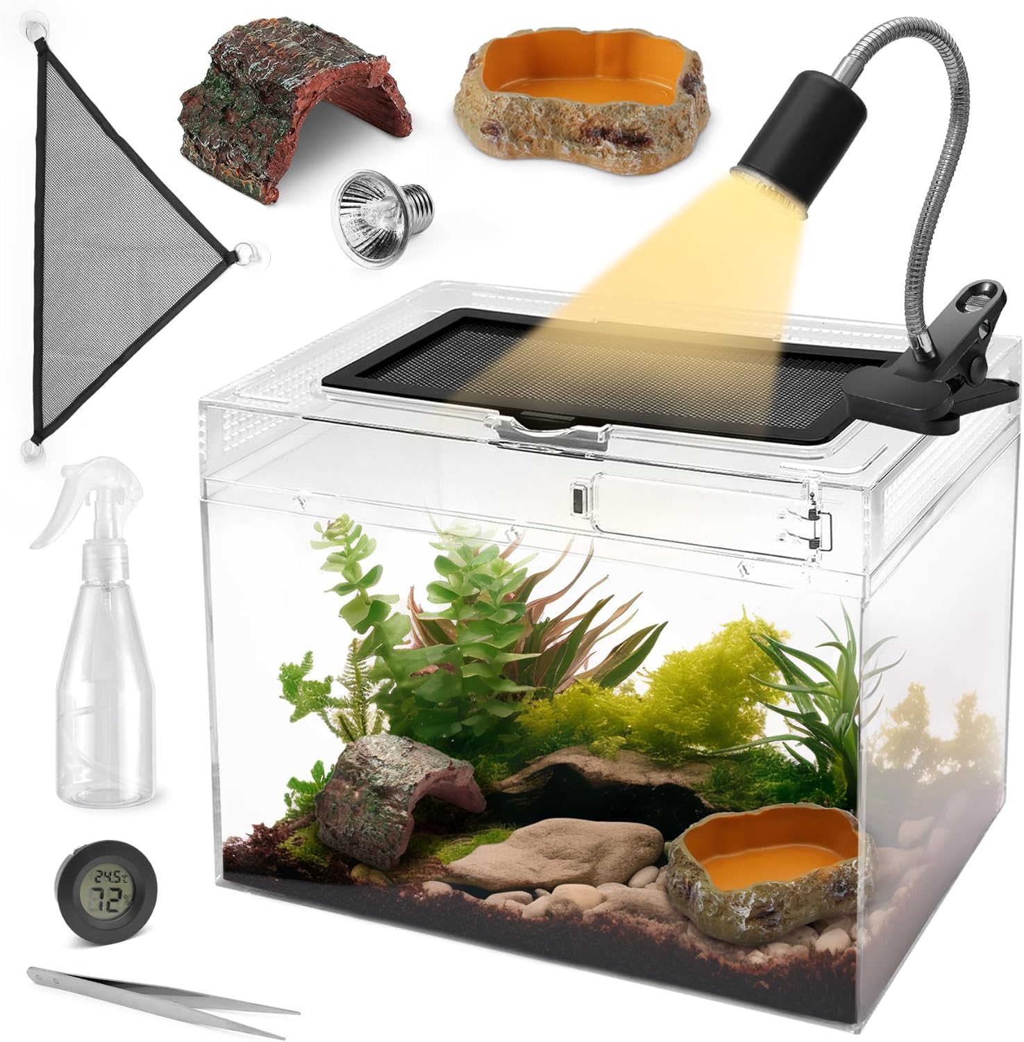 AZV Reptile Tank Starter Kit,8 Piece Escape Proof Hermit Crab Cage Large | All In One Lizard Terrarium,Multi-Vent Compatible Gecko Habitat,Clear PC Material Frog Enclosure,Easy-Clean Waterproof Base