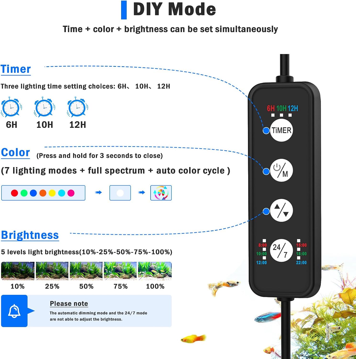 AQQA LED Aquarium Light, 24/7 Mode Clip on Fish Tank Light with Memory Function, DIY Mode Full Spectrum Aquarium Plant Light, Adjustable Timer/Brightness, IP68 Waterproof for 32-40 Inch Fish Tank 30W - Image 2