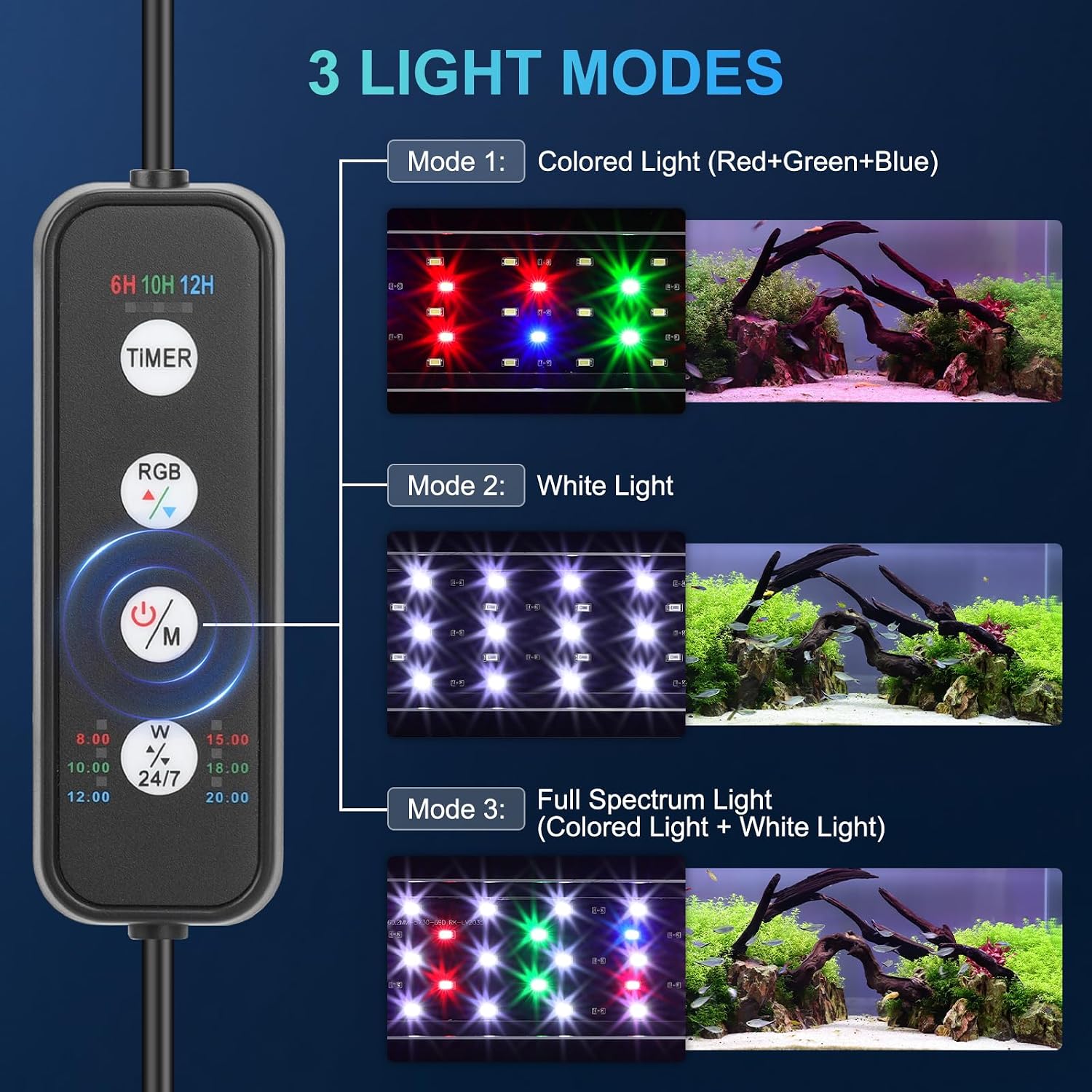 AQQA LED Aquarium Light for Plants, 24/7 Mode Full Spectrum Fish Tank Light with 3 Light Modes, Adjustable Timer/Brightness, Memory Function, Extendable Brackets for Freshwater for 18-24 Inch Tank 18W - Image 3