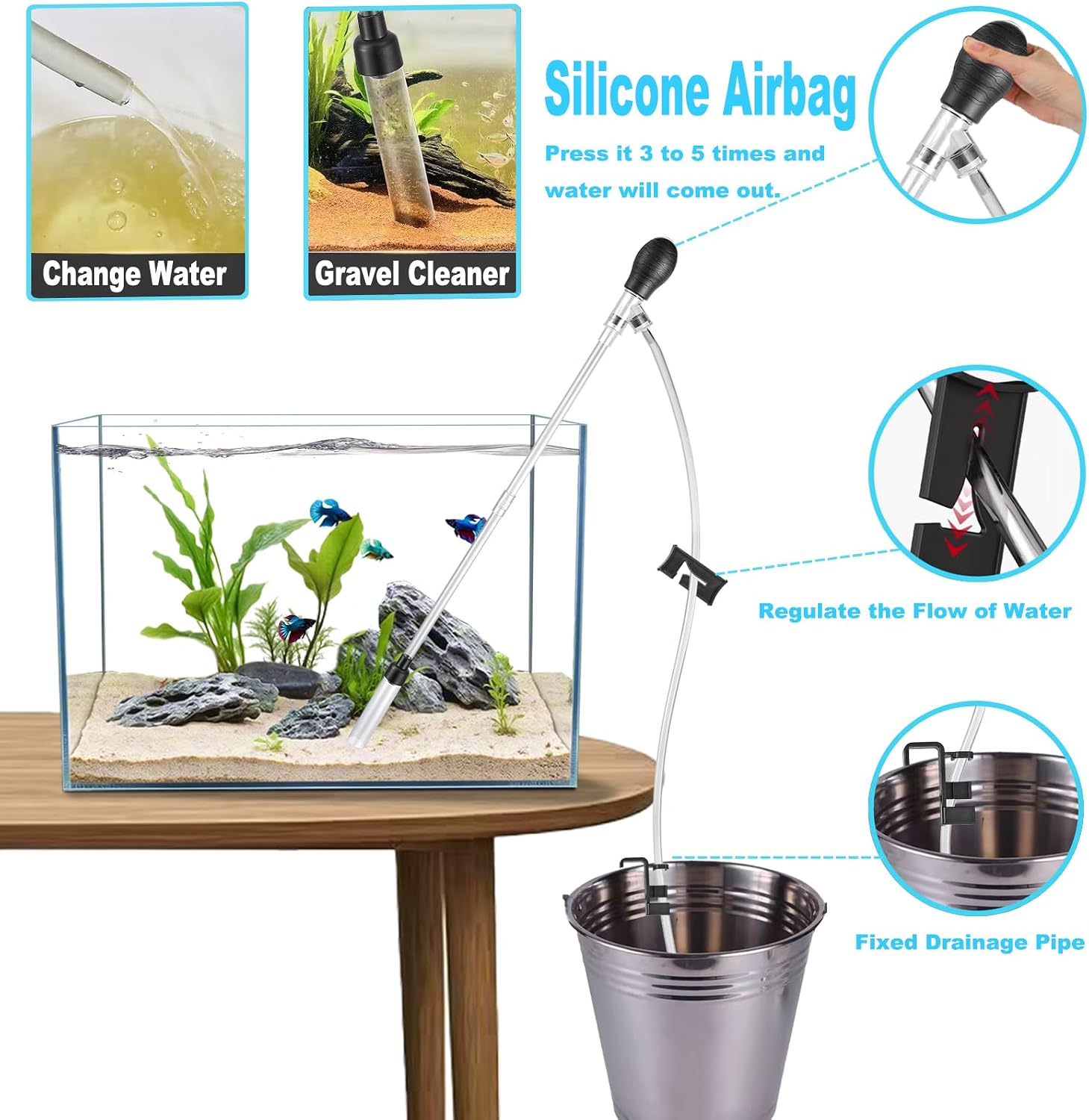 Carefree Fish Aquarium Gravel Cleaner 6Ft Hose Fish Tank Water Changer Sand Vacuum Silicone Airbag Adjustable Length ABS(for 5~20Gal Tank) 2026 New Upgrade Version - Image 3