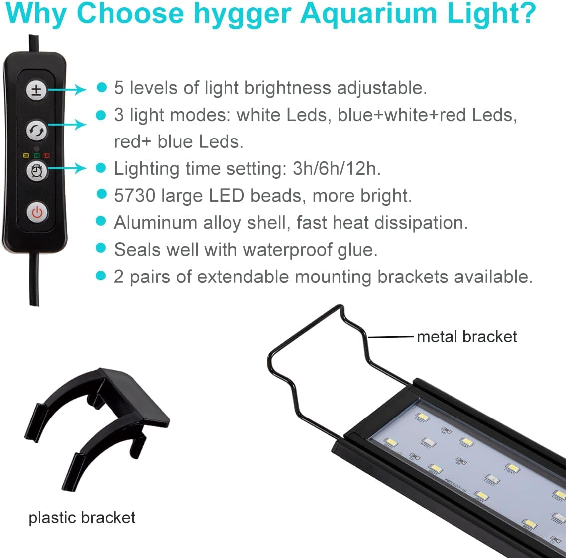hygger 32W Full Spectrum Aquarium Light with Aluminum Alloy Shell Extendable Brackets, White Blue Red LEDs, External Controller, for Freshwater Fish Tank (46-52 inch) - Image 2