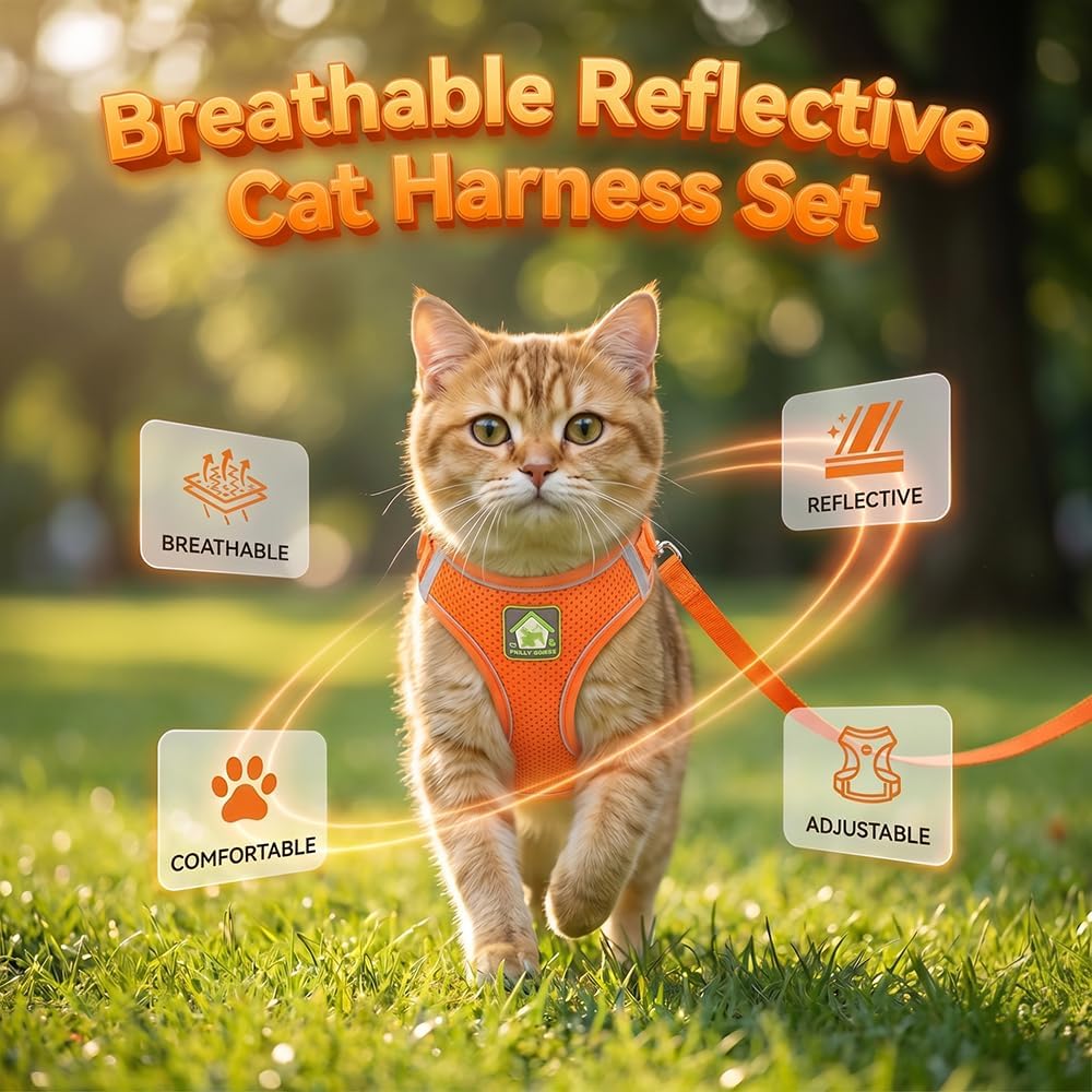 Cat Harness and Leash, 2026 New Cat Harness Escape Proof for Small Medium Large Cats, Breathable Adjustable Vest Harnesses with Reflective Strip for Walking Travel Camping (Orange, S) - Image 2