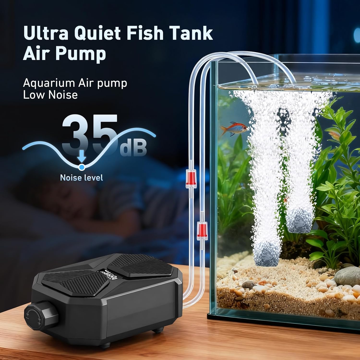hygger Aquarium Air Pump, Ultra Quiet Oxygen Aerator with Air Stone Airline Tubing Check Valve, Aquarium Fish Tank Air Bubbler for 3 to 79 Gallon Tank and Bucket - Image 2
