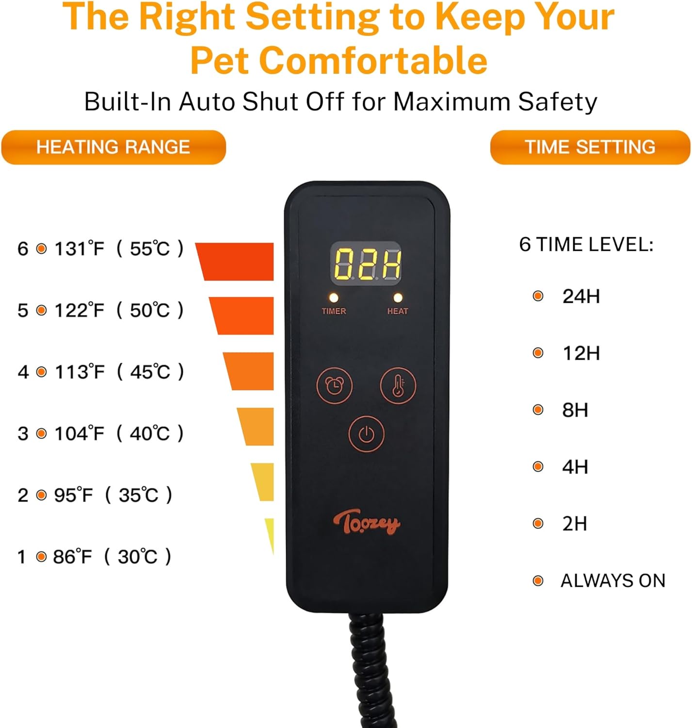 Toozey Large Heated Pet Mat 35x24 in - Waterproof, Chew Resistant, 6 Temp Settings with Timer, Indoor Use for Dogs and Cats - Image 3