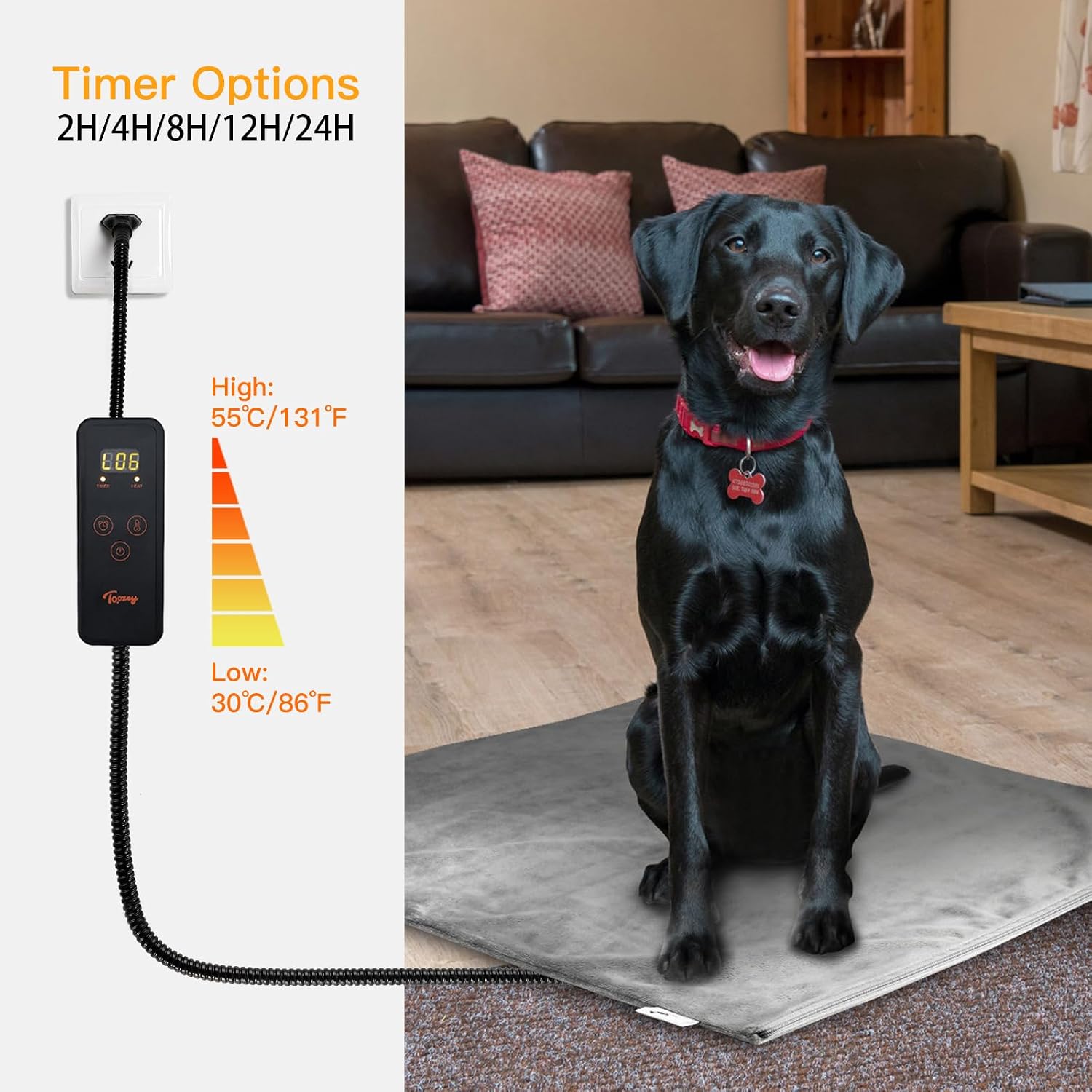 Toozey Large Heated Pet Mat 35x24 in - Waterproof, Chew Resistant, 6 Temp Settings with Timer, Indoor Use for Dogs and Cats - Image 6