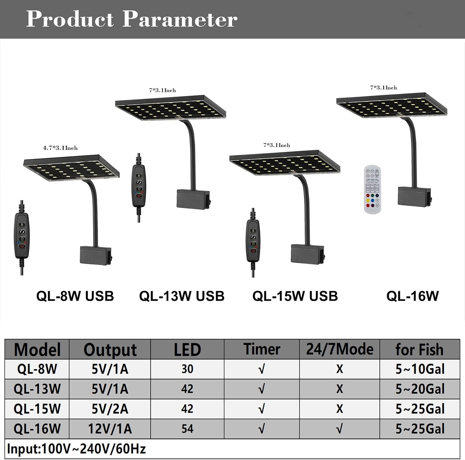 Carefree Fish Aquarium LED Light USB 5V1A RGBW 5730 Timmer 5~20Gal Fish Tank Clip Light 10 Brightness Levels 13W with USB Port (Include UL Certification Power Adapter) - Image 7