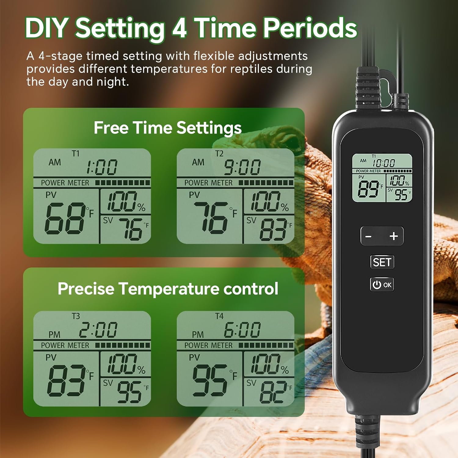 8.5 inch Reptile Heat Lamp Fixture with Thermostat and Timer,Reptile Light Fixture with Dimming Thermostat Max 150W,PID Temperature Controller for UVB Lights,Basking Heat bulbs and Terrariums - Image 6