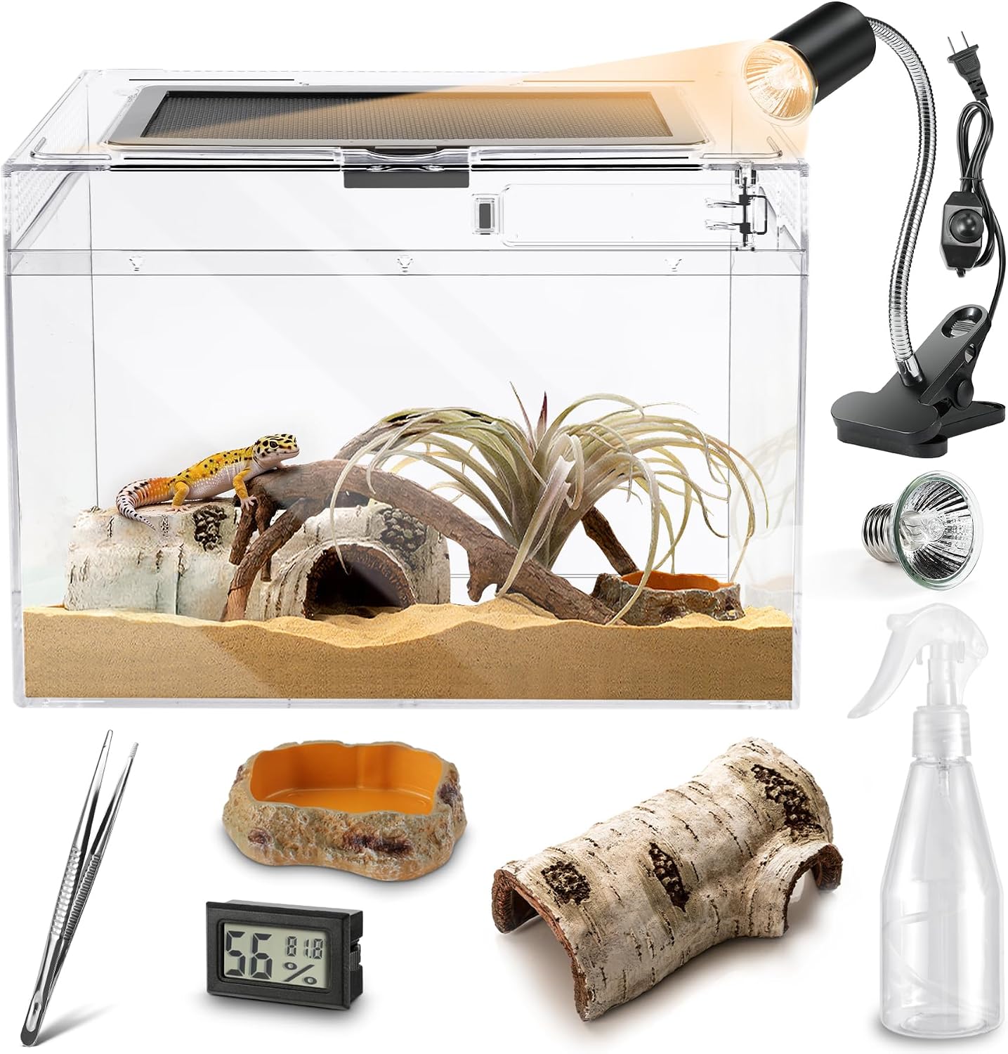 HELIME Reptile Tank 7 Piece Starter Kit with Escape Proof Locking Lid XL | All in One lizard Terrarium,Polycarbonate Leopard Gecko Enclosure Frogs Cage with Light,Hygrometer,Hide,Tweezer,Bowl,Sprayer