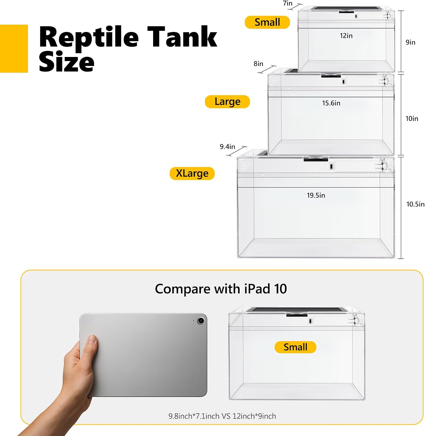 HELIME Reptile Tank 7 Piece Starter Kit with Escape Proof Locking Lid XL | All in One lizard Terrarium,Polycarbonate Leopard Gecko Enclosure Frogs Cage with Light,Hygrometer,Hide,Tweezer,Bowl,Sprayer - Image 2
