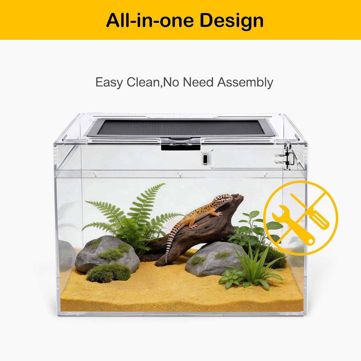 HELIME Reptile Tank 7 Piece Starter Kit with Escape Proof Locking Lid XL | All in One lizard Terrarium,Polycarbonate Leopard Gecko Enclosure Frogs Cage with Light,Hygrometer,Hide,Tweezer,Bowl,Sprayer - Image 4