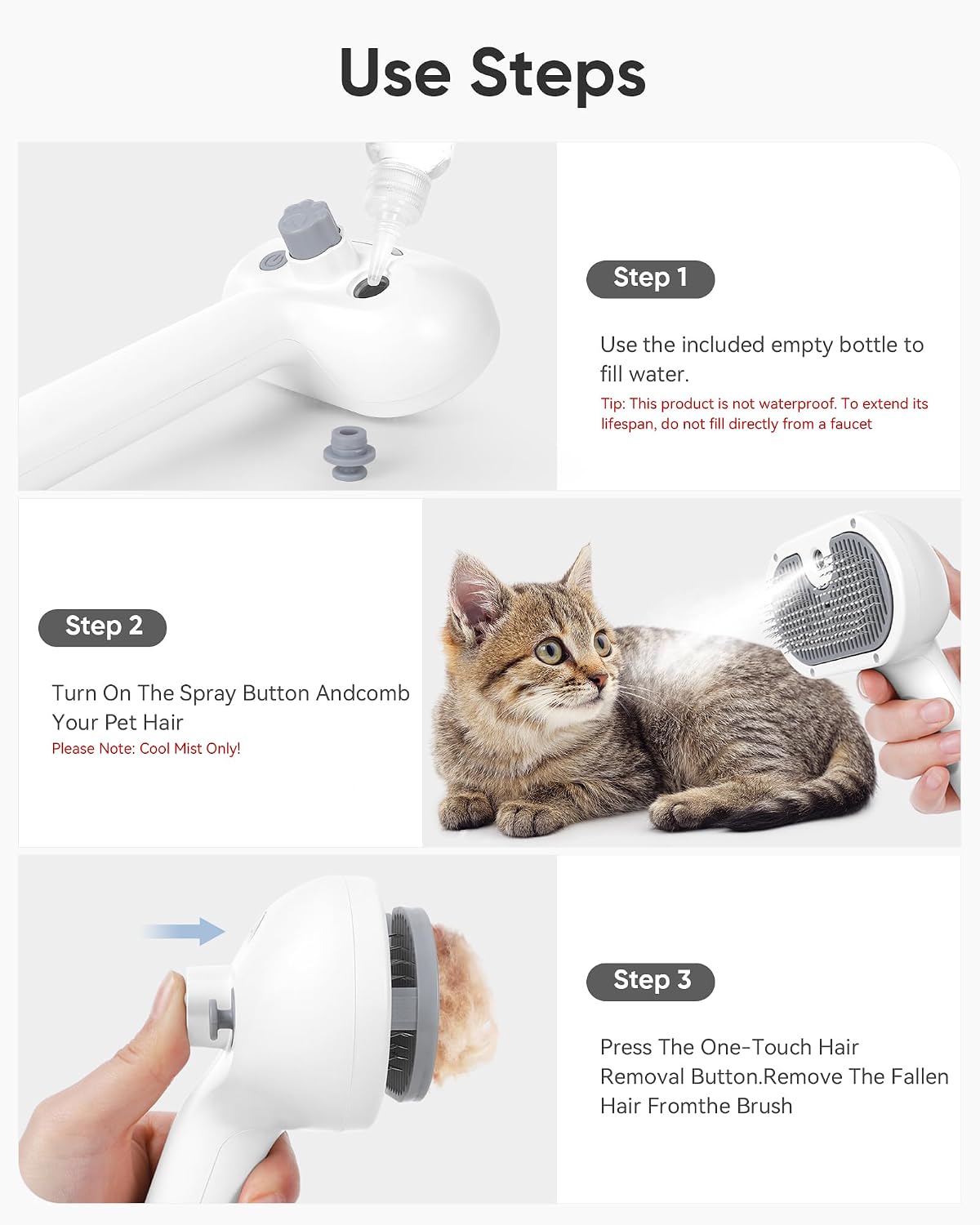 Pet Steam Brush Dog Cat 2026 New Grooming Comb for Shedding, Floating Hair, Smooth & Detangling, Gentle Cool Mist Softens Hair Reduces Static Helps Pets Who Dislike Bathing,2*Waterless Shampoo - Image 7