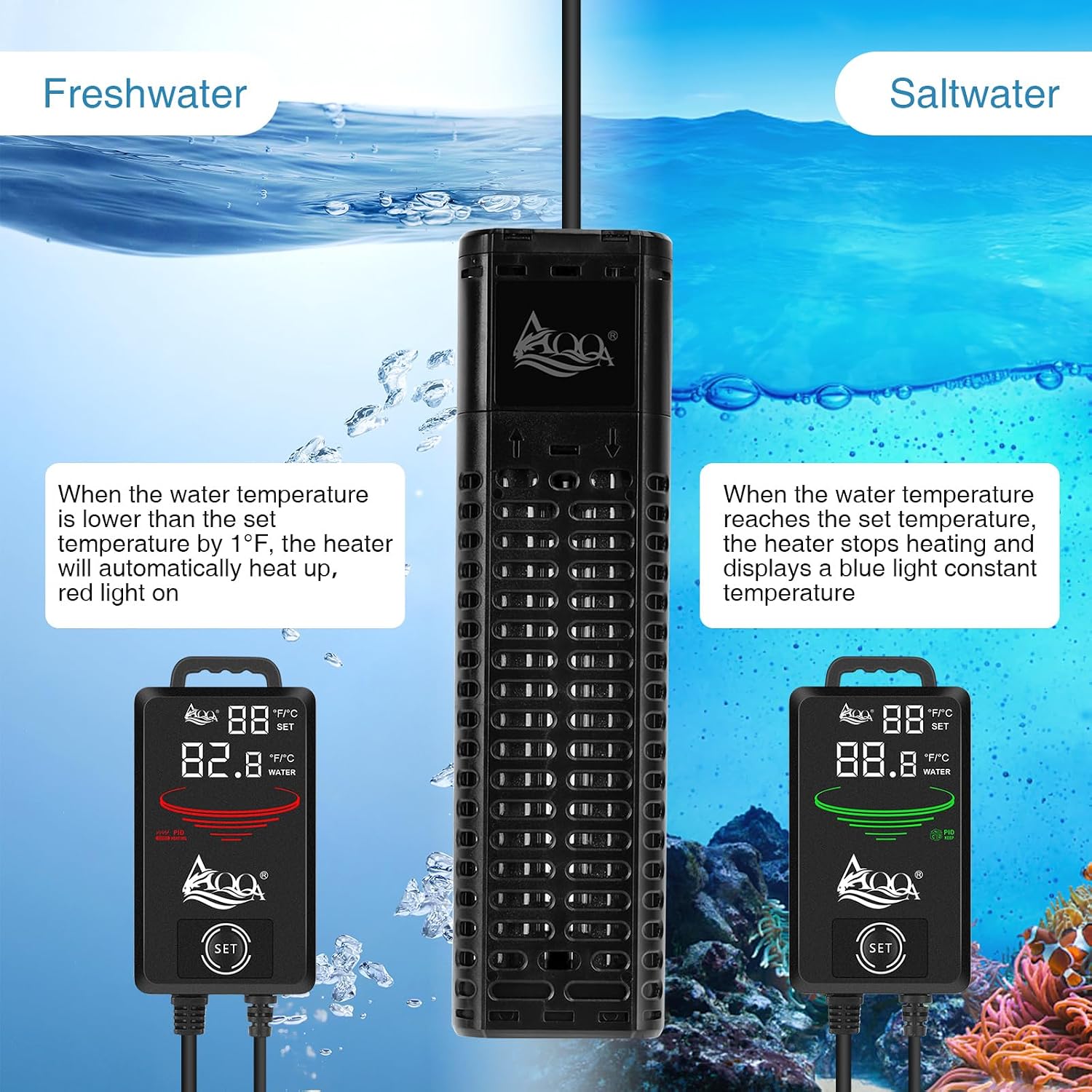 AQQA Aquarium Heater,300W 500W 800W 1000W 1200W Fish Tank Heater | 59℉-93℉ Submersible Intelligence Aquarium Heater with Over-Temperature Dry Burning Protection 1000W to 135-235 Gallon - Image 3