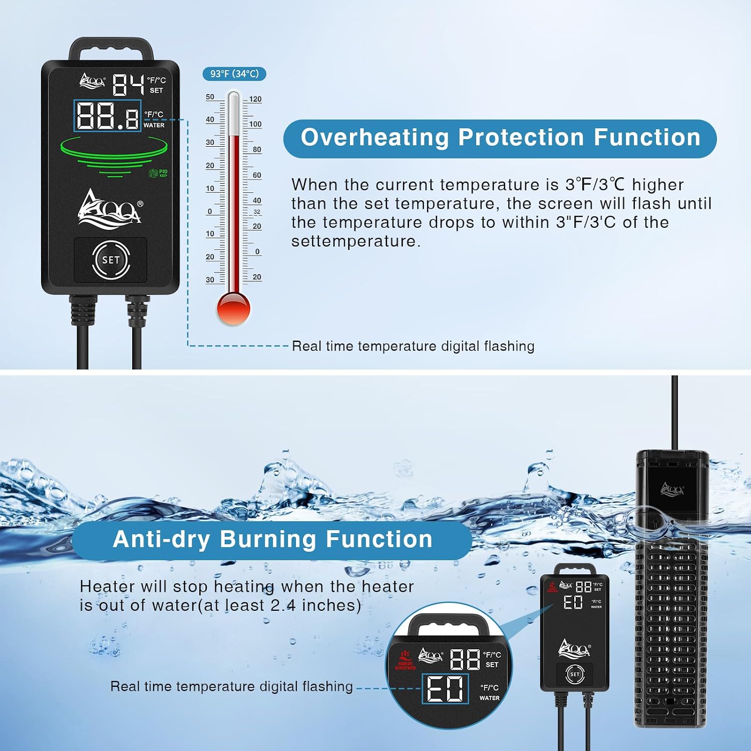 AQQA Aquarium Heater,300W 500W 800W 1000W 1200W Fish Tank Heater | 59℉-93℉ Submersible Intelligence Aquarium Heater with Over-Temperature Dry Burning Protection 1000W to 135-235 Gallon - Image 4