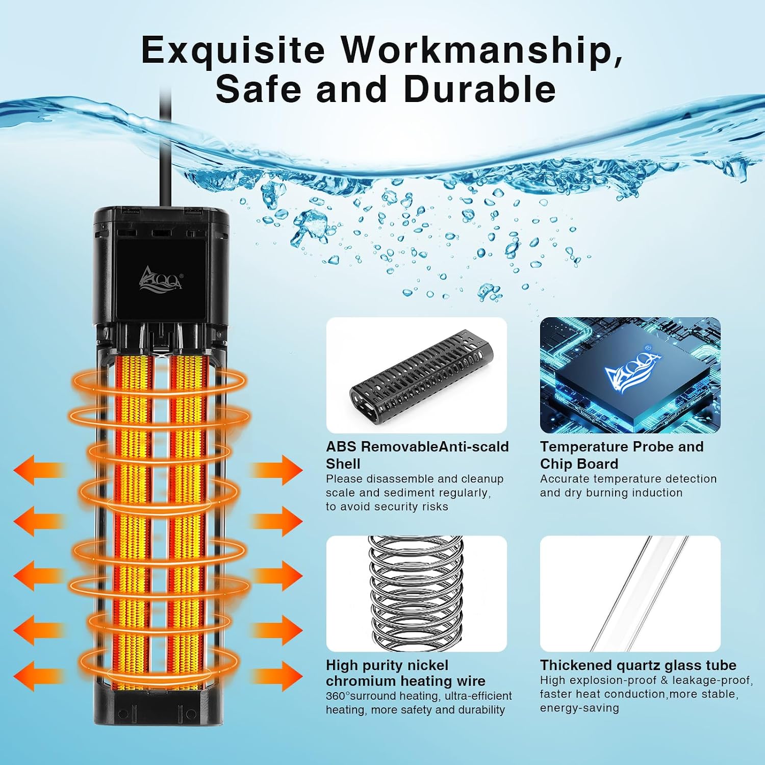AQQA Aquarium Heater,300W 500W 800W 1000W 1200W Fish Tank Heater | 59℉-93℉ Submersible Intelligence Aquarium Heater with Over-Temperature Dry Burning Protection 1000W to 135-235 Gallon - Image 5
