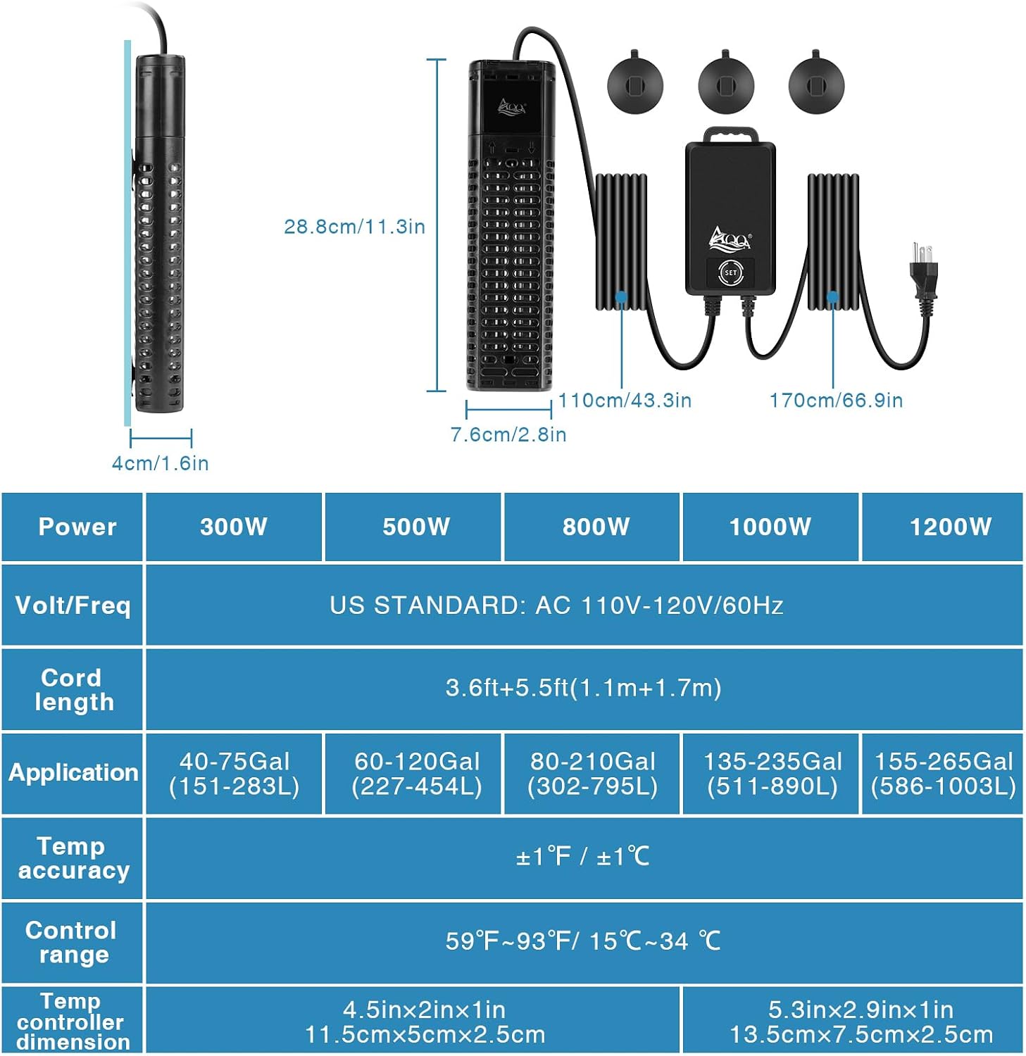 AQQA Aquarium Heater,300W 500W 800W 1000W 1200W Fish Tank Heater | 59℉-93℉ Submersible Intelligence Aquarium Heater with Over-Temperature Dry Burning Protection 1000W to 135-235 Gallon - Image 7
