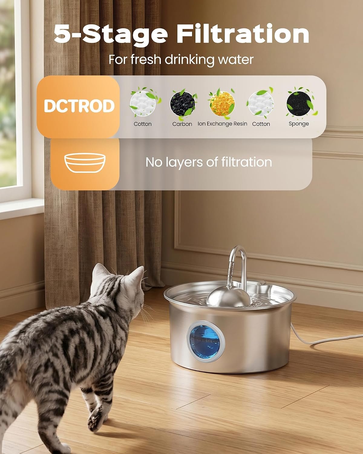 Pet Water Fountain Stainless Steel: 8 Filters + 8 Sponges Cat Fountains for Drinking - Metal Pet Fountain - Running PetFountain Filtered - DCTROD 88oz/2.6L Faucet Pet Bowl Dispenser Fountains - Image 4