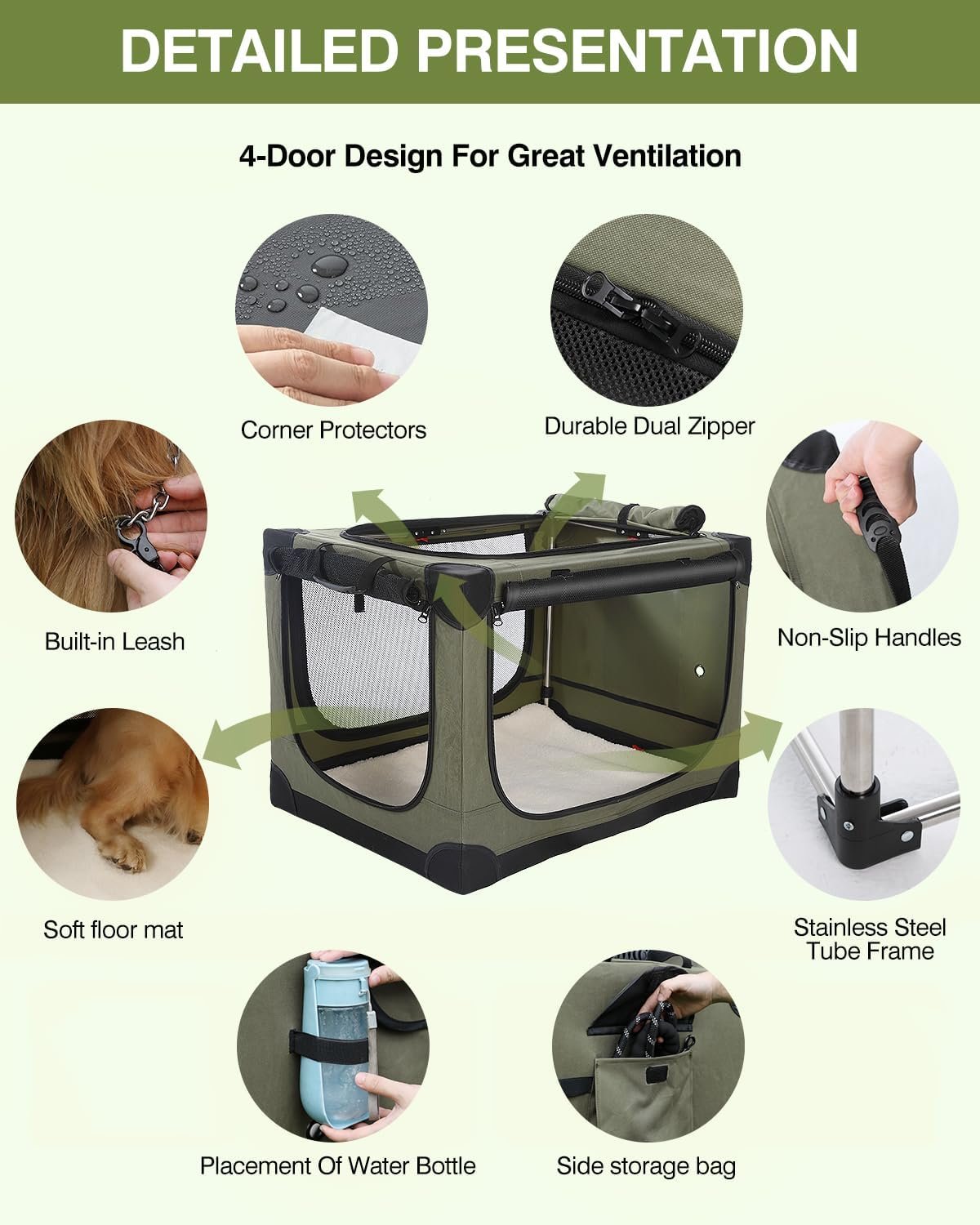 42 x 31 x 31 Inch Collapsible Soft Dog Crate for Dogs Up to 90 lbs, Portable Travel Pet Kennel with 4 Zip Doors, Foldable Indoor Outdoor Crate with Mat, Carry Bag, Green - Image 4