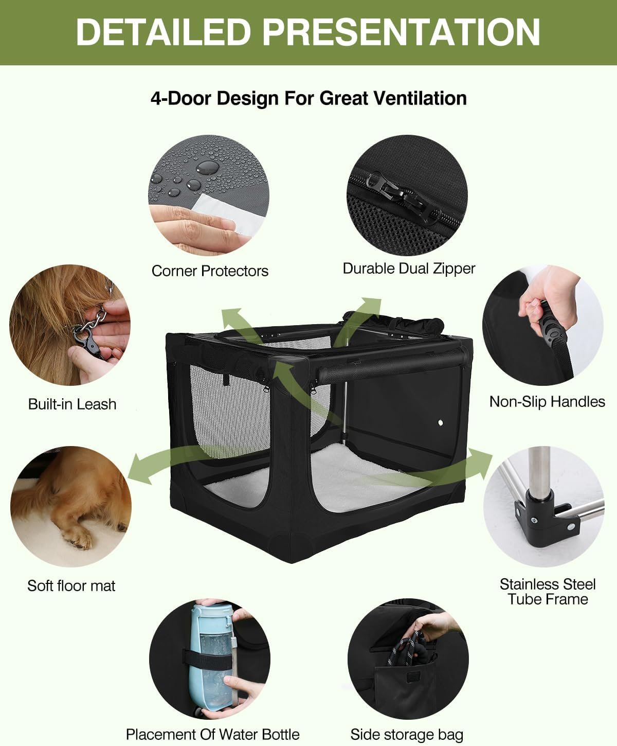 42 x 31 x 31 Inch Collapsible Soft Dog Crate for Dogs Up to 90 lbs, Portable Travel Pet Kennel with 4 Zip Doors, Foldable Indoor Outdoor Crate with Mat, Carry Bag, Black - Image 4