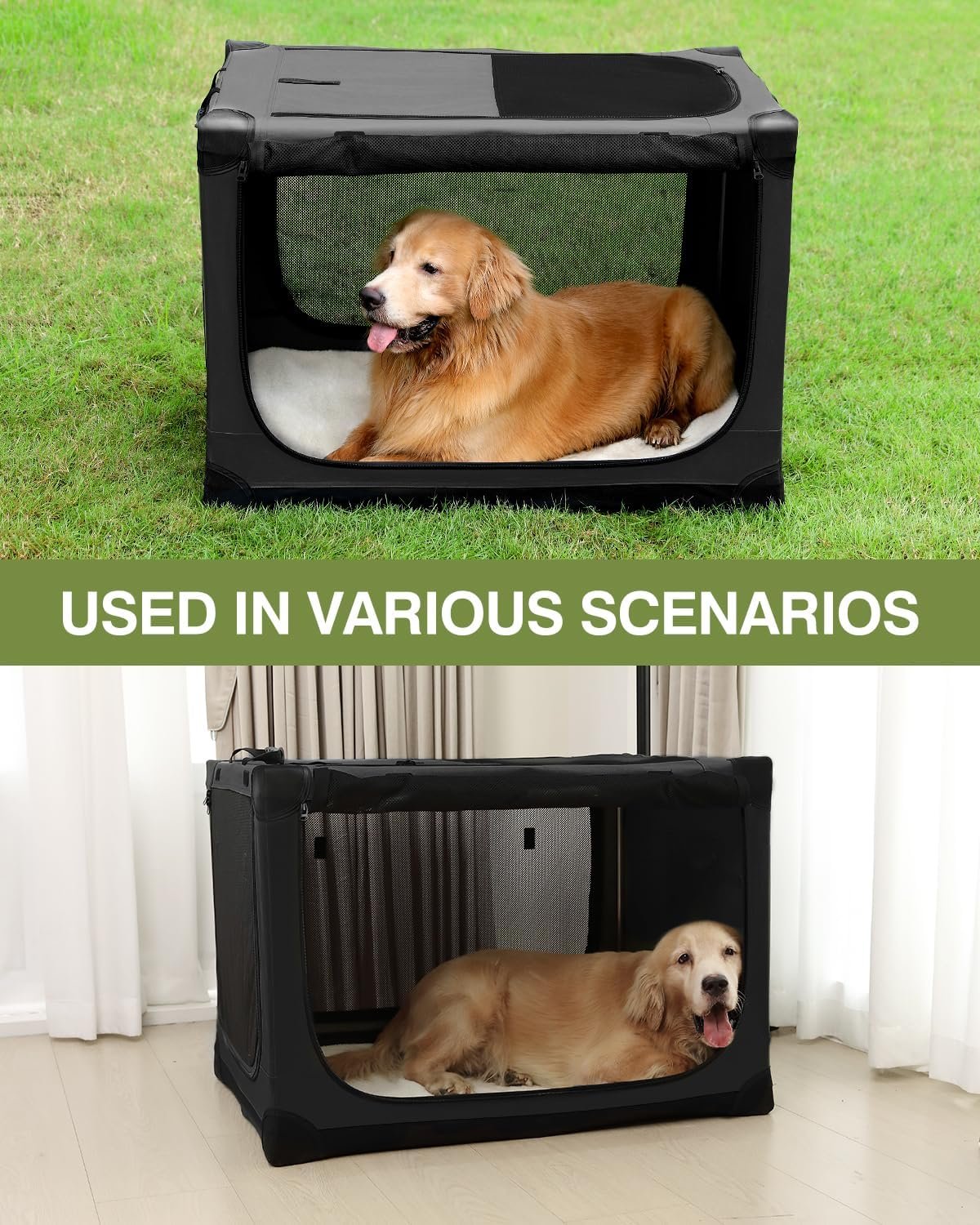 42 x 31 x 31 Inch Collapsible Soft Dog Crate for Dogs Up to 90 lbs, Portable Travel Pet Kennel with 4 Zip Doors, Foldable Indoor Outdoor Crate with Mat, Carry Bag, Black - Image 5