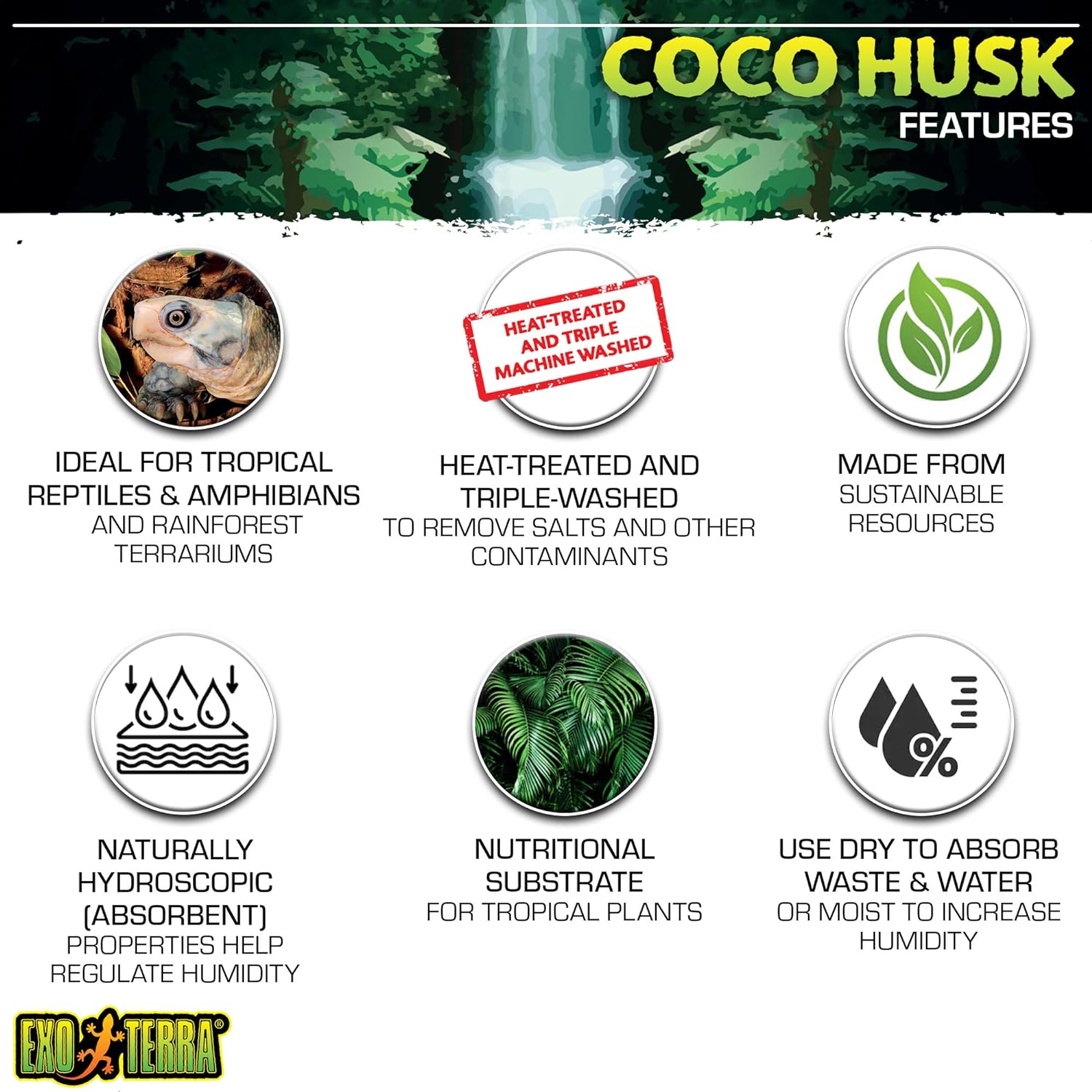 Exo Terra Coco Husk Coconut Fiber Reptile Bedding, 8 QT (8.8 L) | Bedding for Tropical Terrariums, Humidity-Holding Coco Fiber Substrate for Amphibians & Invertebrates - Image 2