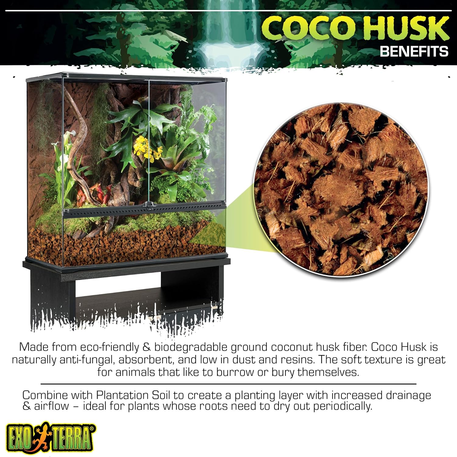 Exo Terra Coco Husk Coconut Fiber Reptile Bedding, 8 QT (8.8 L) | Bedding for Tropical Terrariums, Humidity-Holding Coco Fiber Substrate for Amphibians & Invertebrates - Image 3