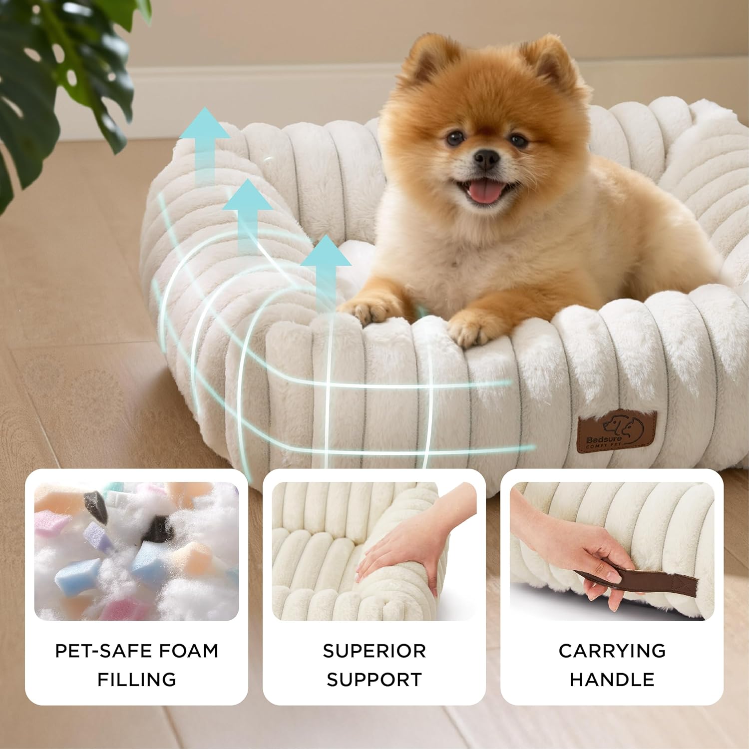 Bedsure ComfyFleece™ Cute Dog Bed for Small Dogs & Cats Washable,20in Cream | Furry Cat Beds For Indoor Cats,Square Orthopedic Corduroy Aesthetic Puppy Beds,Removable Cover,Non-Slip Bottom,up to 10 Lbs - Image 3