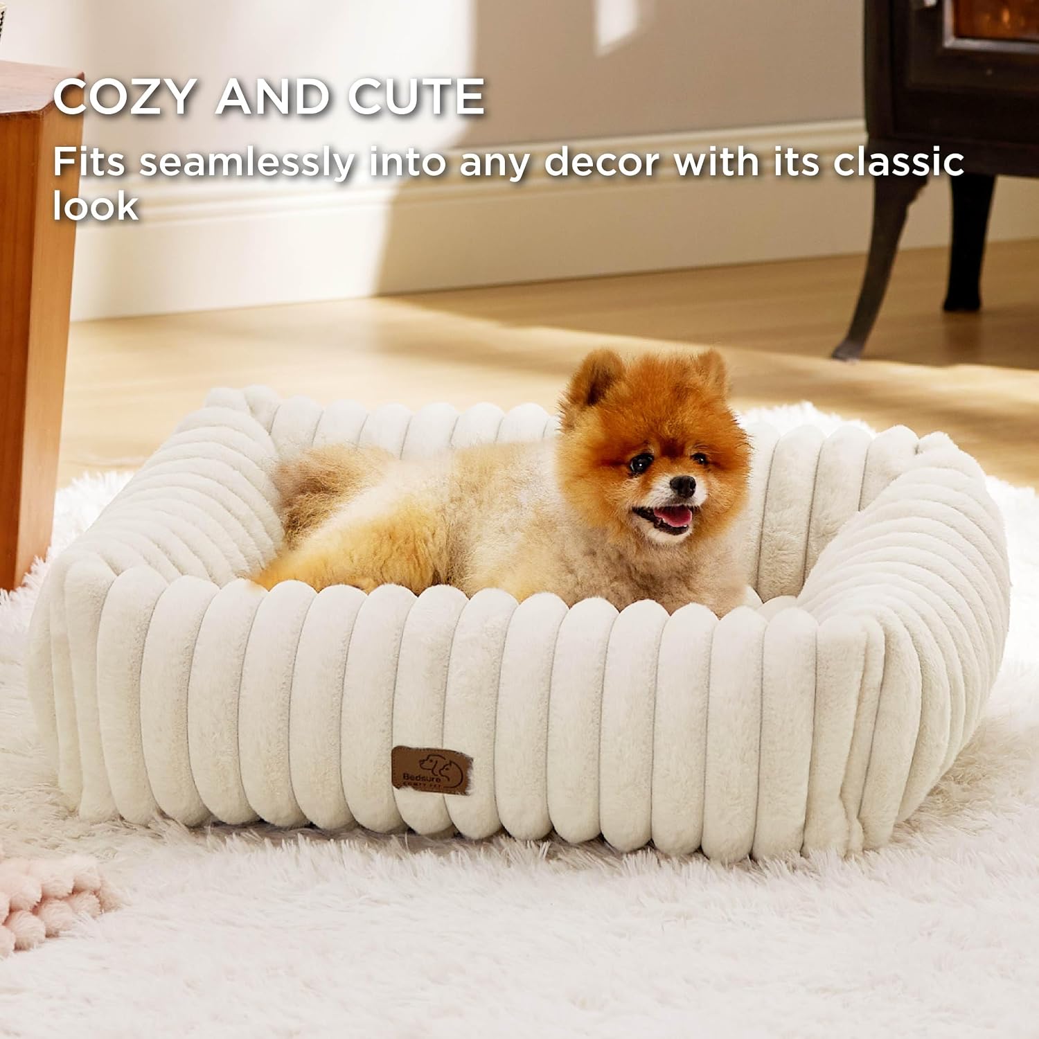 Bedsure ComfyFleece™ Cute Dog Bed for Small Dogs & Cats Washable,20in Cream | Furry Cat Beds For Indoor Cats,Square Orthopedic Corduroy Aesthetic Puppy Beds,Removable Cover,Non-Slip Bottom,up to 10 Lbs - Image 4
