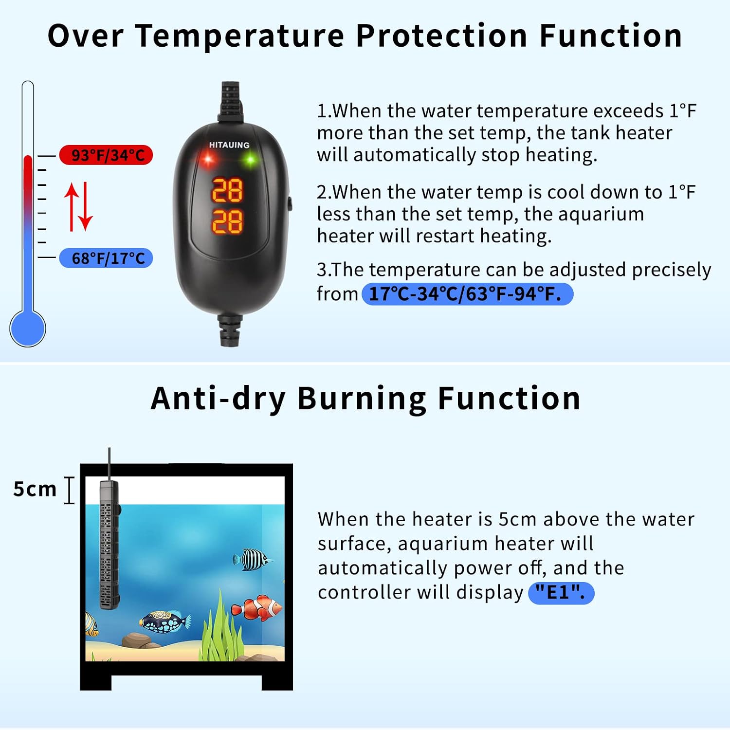 HiTauing Aquarium Heater, 50W/100W/200W/300W/500W Submersible Fish Tank Heater with Over-Temperature Protection and Automatic Power-Off When Leaving Water for Saltwater and Freshwater - Image 2