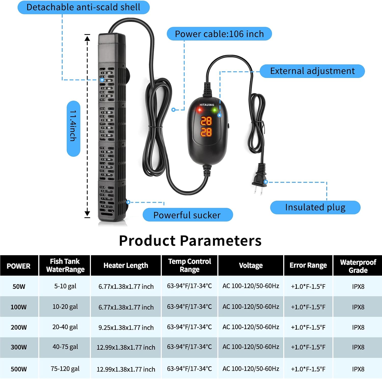 HiTauing Aquarium Heater, 50W/100W/200W/300W/500W Submersible Fish Tank Heater with Over-Temperature Protection and Automatic Power-Off When Leaving Water for Saltwater and Freshwater - Image 6