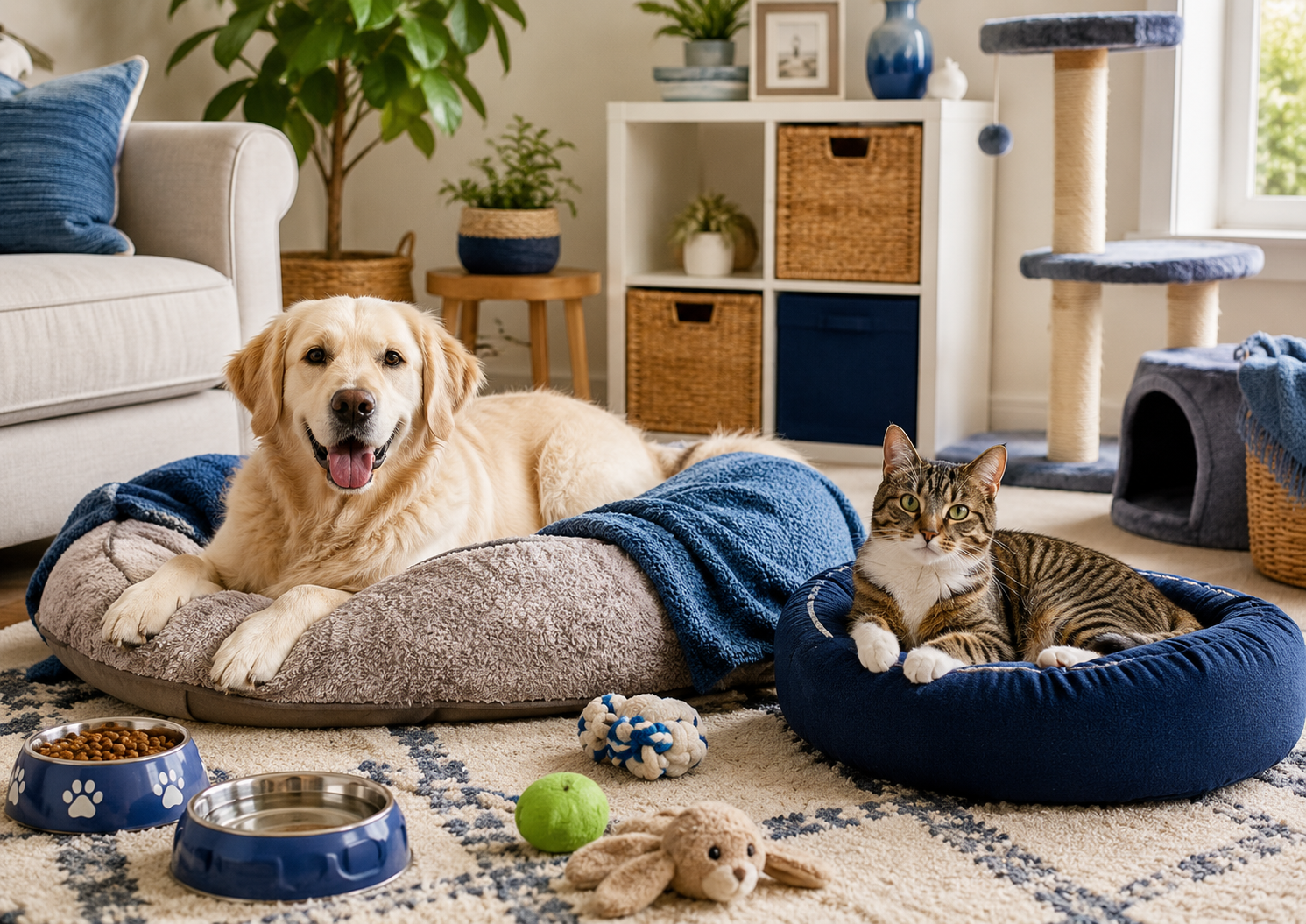 Happy dog and cat resting together