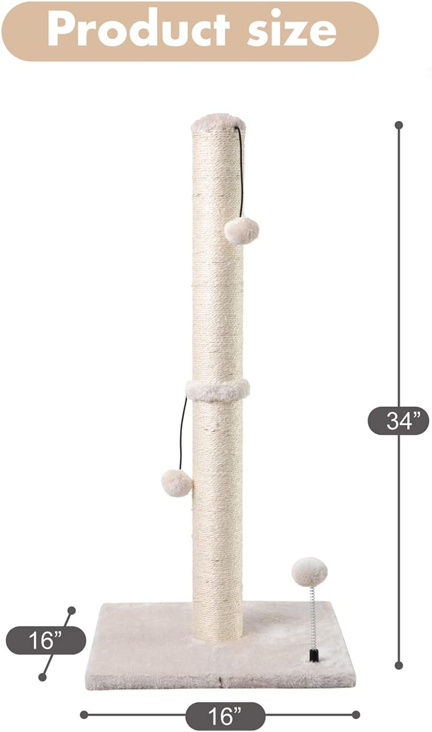 MECOOL 34” Tall Cat Scratching Post Premium Basics Kitten Scratcher Sisal Scratch Posts Trees with Hanging Ball for Indoor Cats, Beige - Image 4