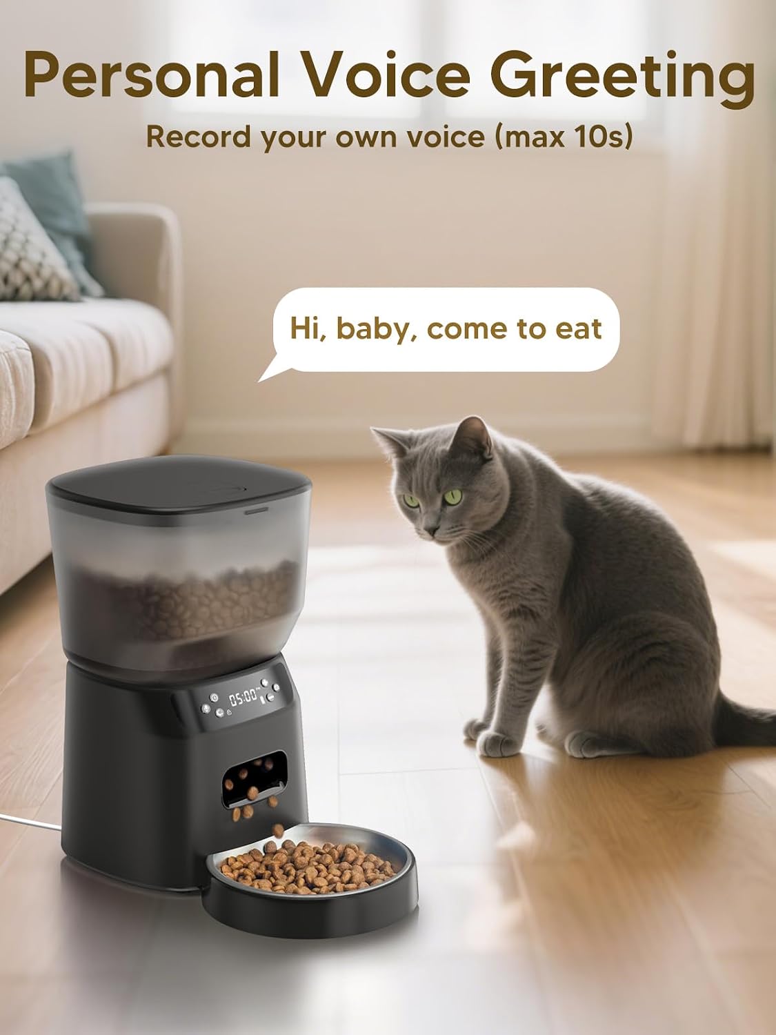 Automatic Cat Feeder and Water Fountain, 4L/16Cups Pet Dry Food Dispenser 2L Water Dispenser, Locking Lid, Programmable Timer 6 Daily Meals, 10s Voice Recorder, Cat Accessories for Puppy Kitten - Image 3