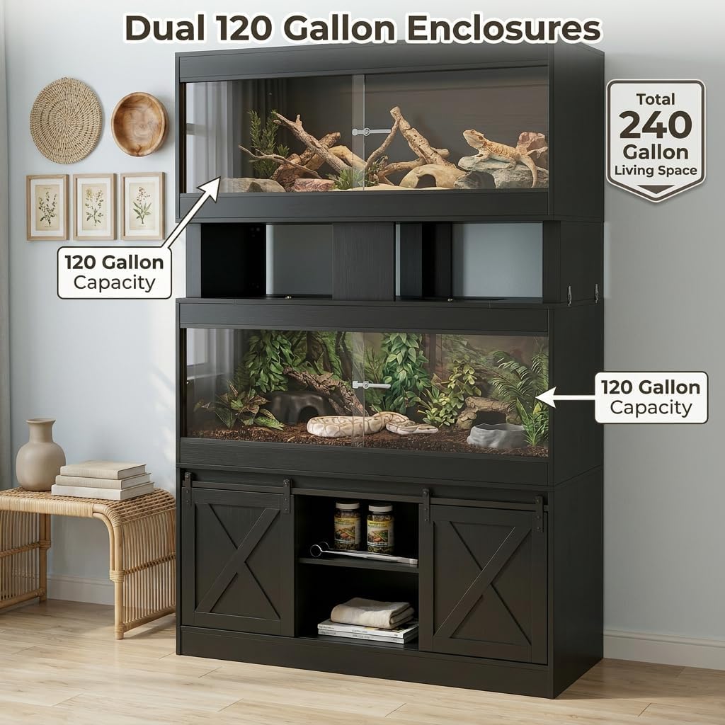 Cushore Double 4x2x2 Reptile Enclosure with Stand, Albizia Solid Wood-Core 120 Gallon Reptile Terrarium, Bearded Dragon Tank Stand with Sliding Door and 2 Cabinets for Lizard, Crested Gecko, Black - Image 4