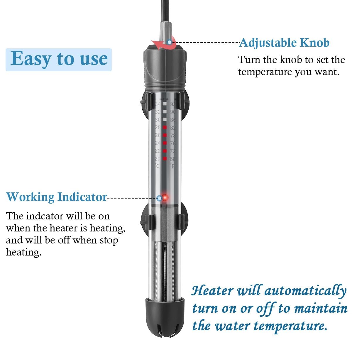 HITOP 25W Adjustable Aquarium Heater, Submersible Fish Tank Heater Thermostat with Suction Cups for 5-10Gal - Image 3