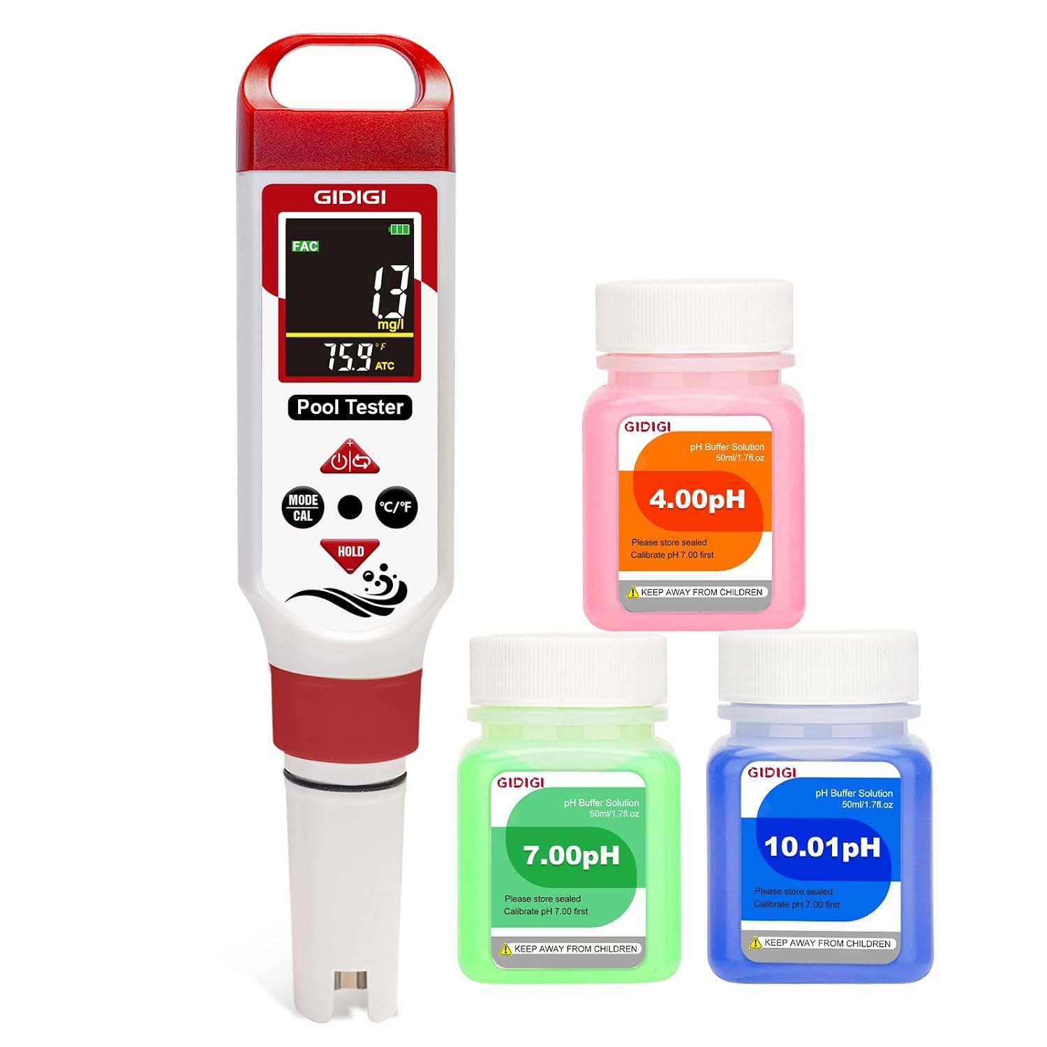 Digital Chlorine Tester for Pool, pH Test kit & Salinity ORP Meter | 7 in 1 Water Quality Tester, for Swimming Pool Hot Tub Aquarium, with AAA battery & pH calibration kit, Digital Color Screen