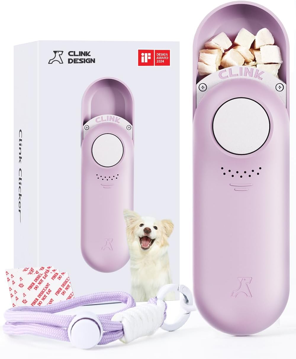 Clink Design Dog Training Clicker and Clicker Dog Trainer with Built in Treat Storage, Compact Dog Clicker for Puppy Training or Cat Clicker, 2.36 oz, Purple
