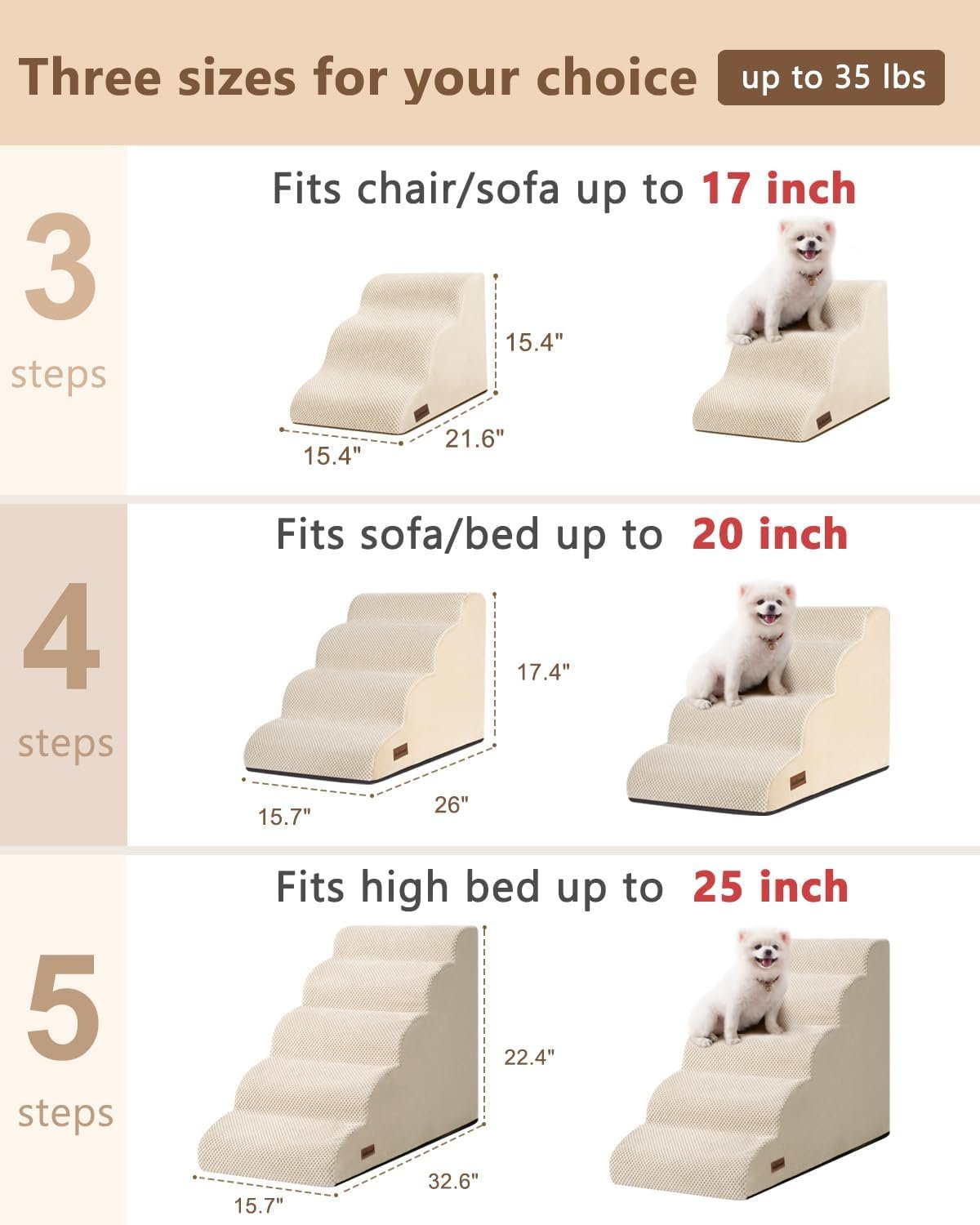 Aodisman Dog Stairs for Small Dogs,3 Step Dog Ramp for Couch,Non-Slip Steps | Pet stairs help small dogs, old cats, and puppies reach couches and chairs easily, durable indoor dog steps,15.4" H,Beige - Image 5