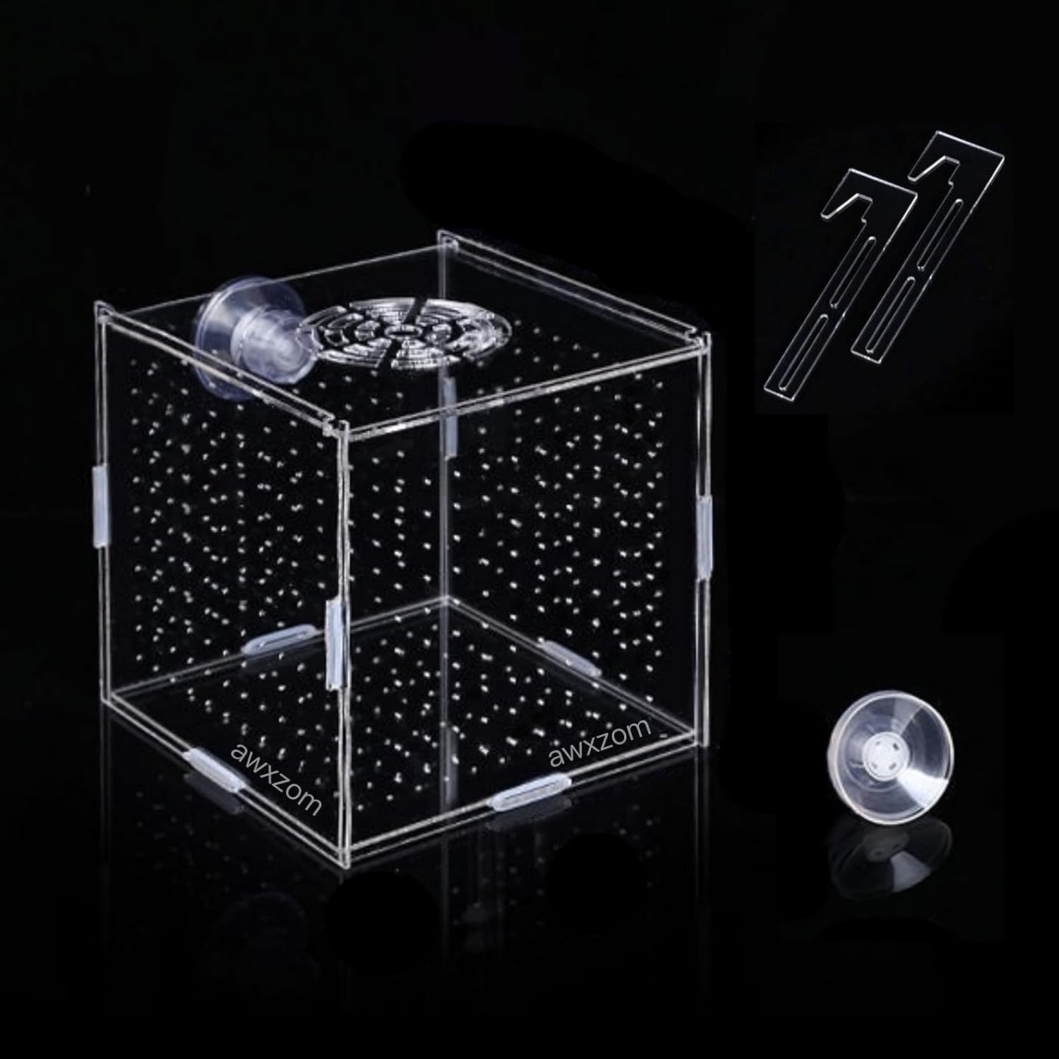 AWXZOM Acrylic Fish breeding Box, Acrylic Fish Isolation Box, Fish Separator for Aquarium, Hatchery Incubator with Suction Cups for Small Baby Fishes Shrimp Clownfish Guppy (3.9 * 3.9 * 3.9inch)