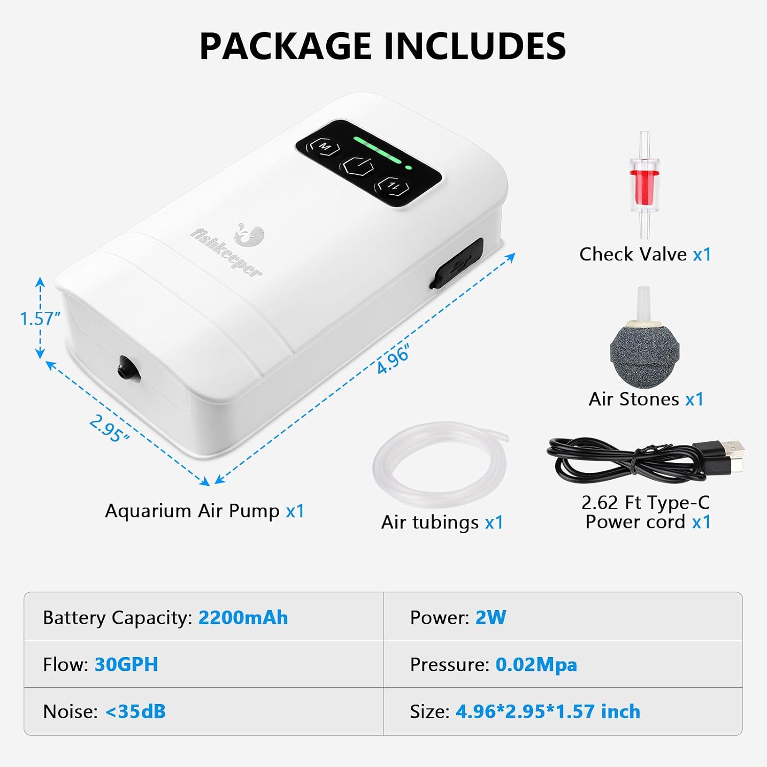 fishkeeper Rechargeable Aquarium Air Pump, Aerator Fish Tank Air Pump Up to 60 Gallons Portable Battery Powered Oxygen Pump with Clip for Most Bait Buckets, Power Outages and Emergency (2W 30GPH) - Image 9