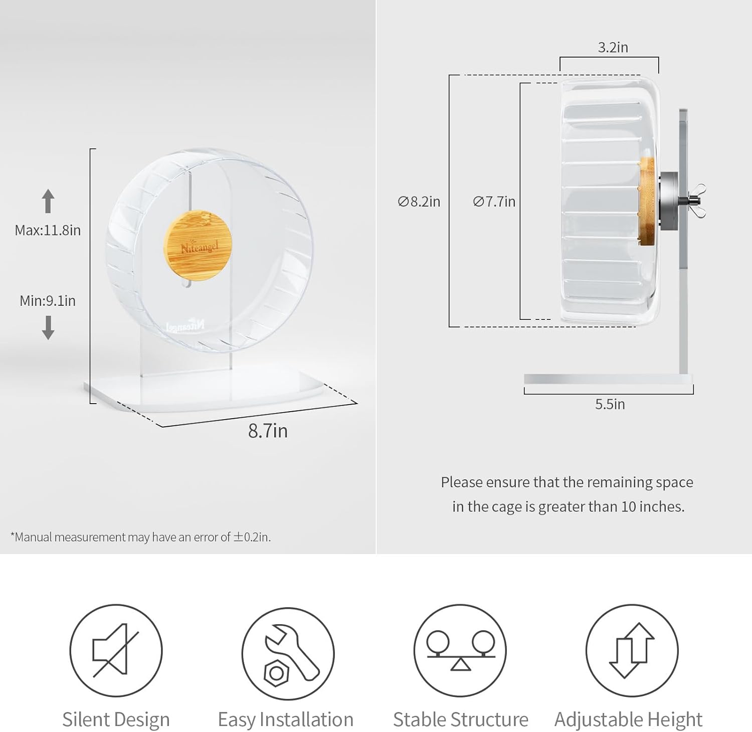 Niteangel Super-Silent Hamster Exercise Wheel: Quiet 8.2 inch Running Wheel | Can 9.1-11.8" Adjustable Height - No Bend Back Spinner Running for Dwarf Syrian Hamster Gerbils Mice Or Other Small Animal - Image 2