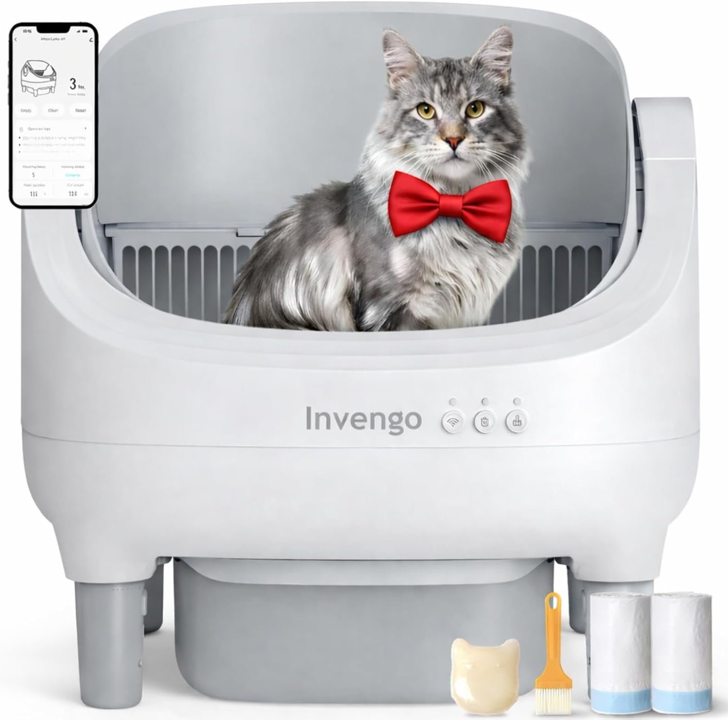 Invengo Automatic Cat Litter Box Self Cleaning, App Control, Open-Top Automatic Litter Box with Safety Sensors, Ultra-Quiet, 10.5L Waste Bin with Odor Control, 2 Rolls of Garbage Bags, LightGrey - Image 7