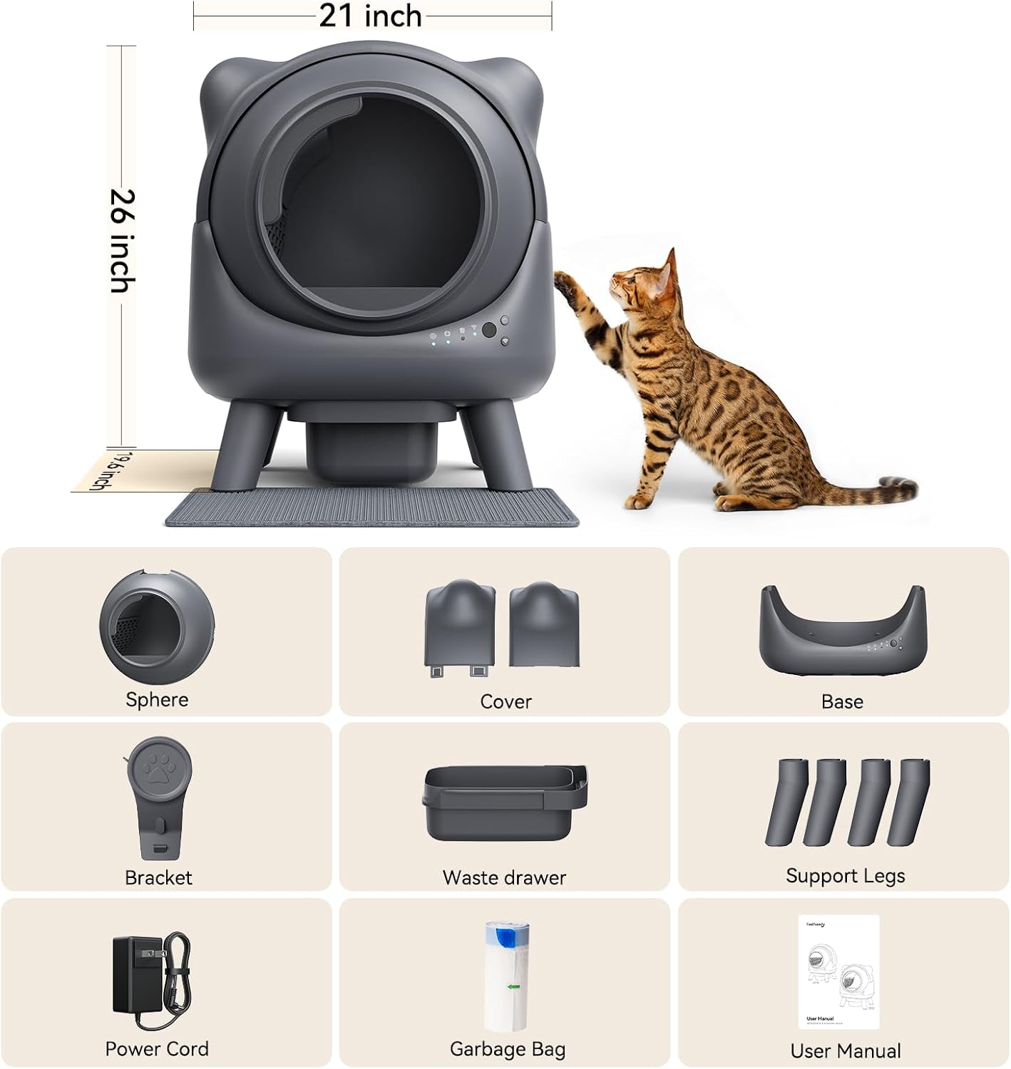 Automatic Litter Box, FEELNEEDY Self Cleaning Litter Box, Odor Control Robot, Cat Ears Design, 65L APP Real-Time Monitor, Cat Litter-Boxs for Multiple Cats, Safety Sensors, with 1 Trash Bag - Image 9