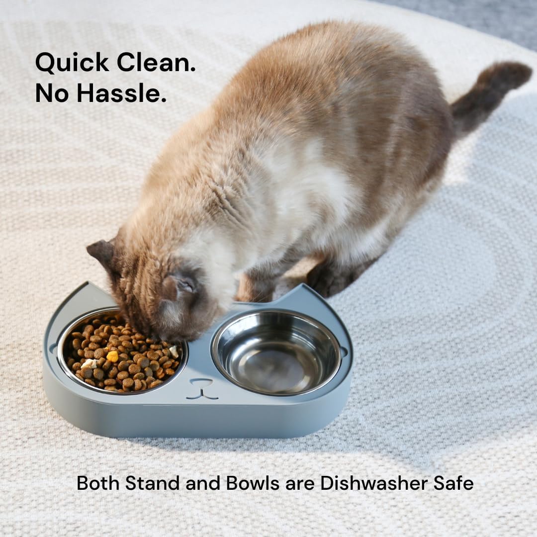 Kitten Food Bowl - Cat Food and Water Bowl Set for Indoor Cats | Two stainless steel dishes in a non-slip silicone base to resist sliding, 1.5 cup capacity each, top-rack dishwasher safe. - Image 5