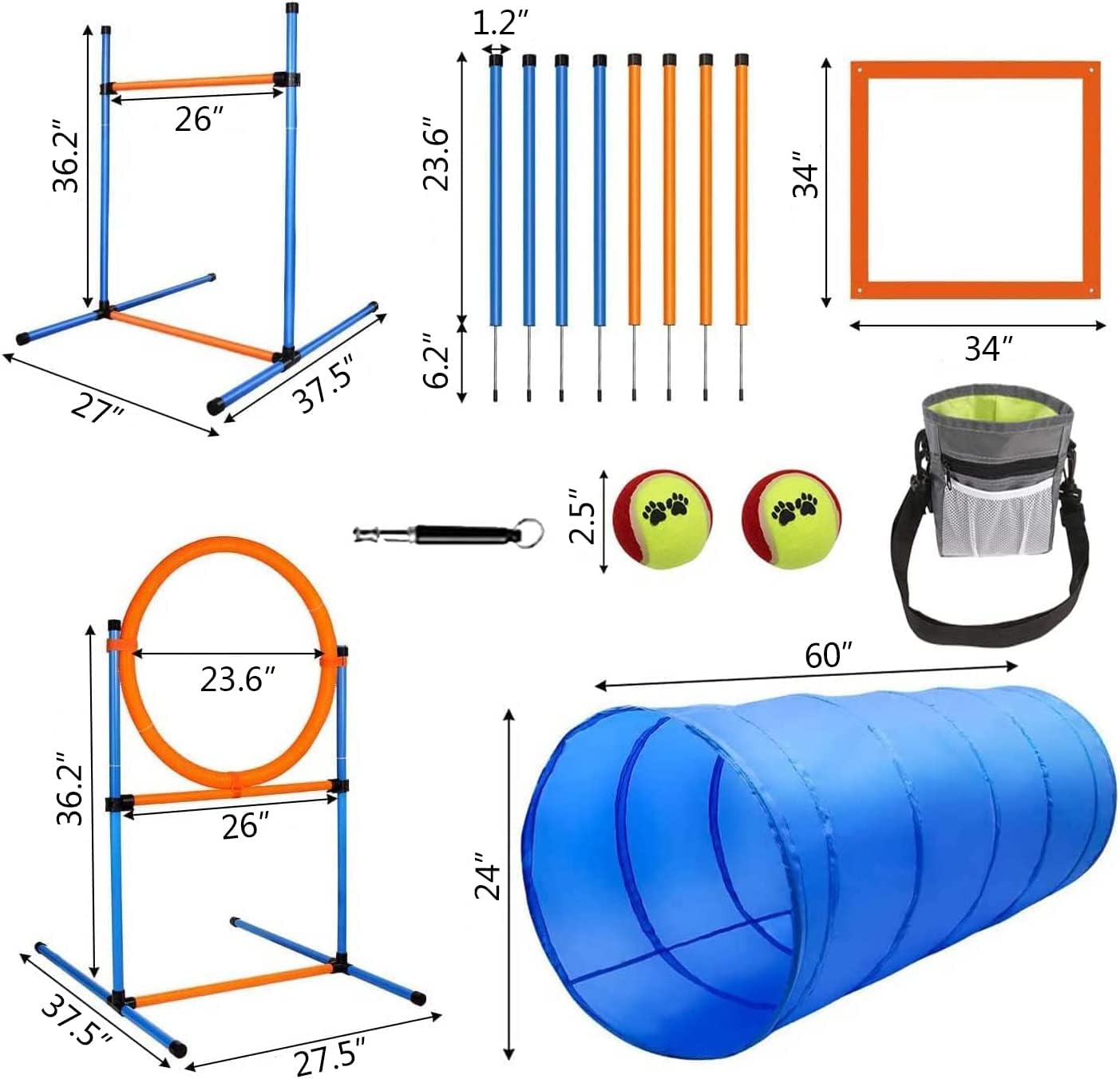 Dog Agility Training Equipment, 60-piece Dog Obstacle Course Training Starter Kit Pet Outdoor Game with Tunnel, Agility Hurdle, Weave Poles, Jump Ring, Pause Box, Toy Balls and Storage Bag - Image 5