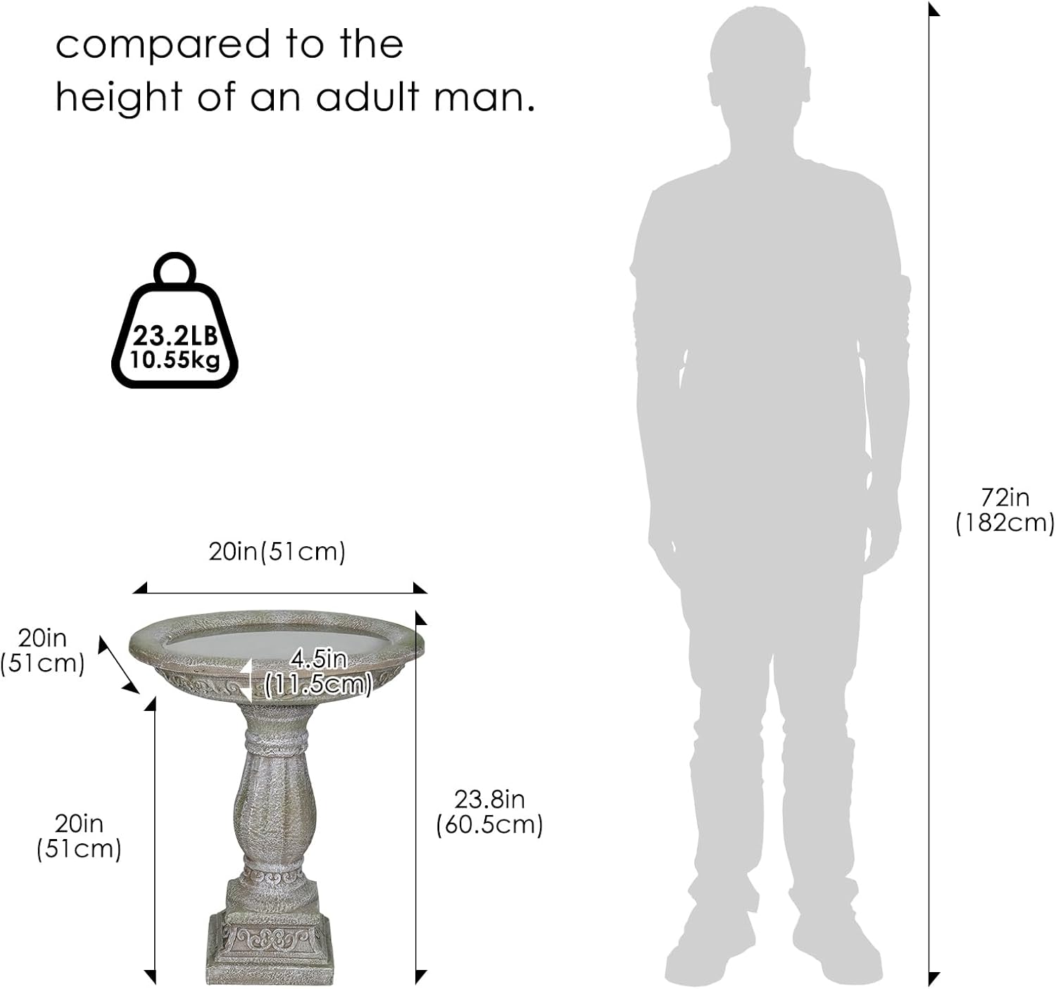 SKYFIRE 23.8" Tall Pedestal Bird Bath for Outdoor, Antique Weathered Concrete Birdbath with Decorative Carving, Durable Freestanding Fiber-Reinforced Cement Bird Bath for Garden, Patio, Lawn, Backyard - Image 8