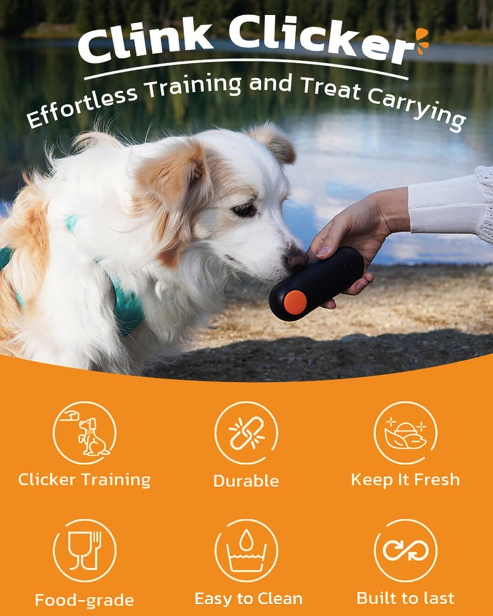 Clink Design 2-in-1 Puppy Essentials, Dog Training Clicker & Treat Carrier, Durable Food-Grade ABS, Treat Carrier with Desiccant Compartment, Compact & Lightweight Dog Stuff for Dogs - Black & Orange - Image 6