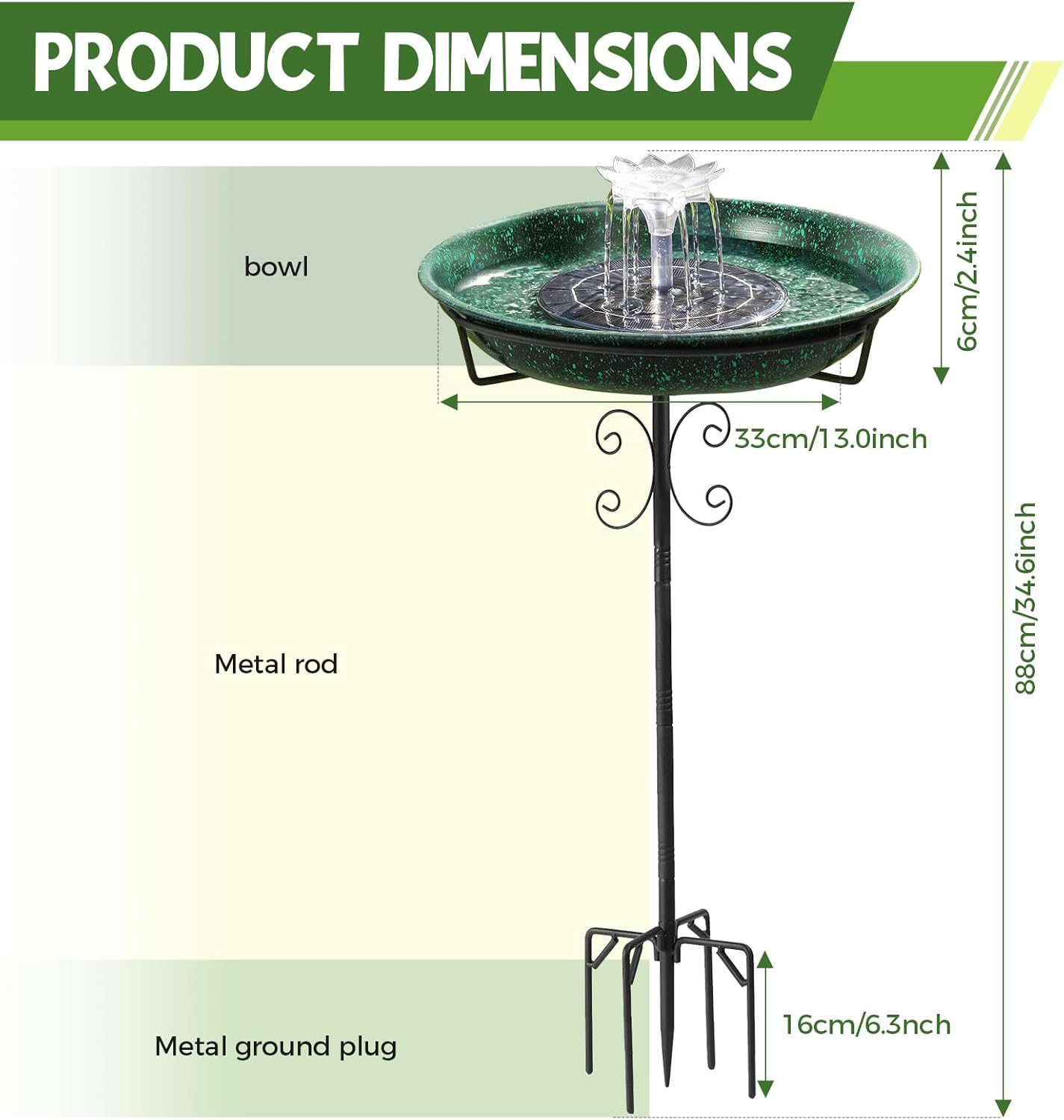 Metal Bird Bath with Solar Fountain for Hummingbirds,Stable Stylish Design with 5-Prong Base Metal Stake Bird Bath for Outside Lawn Patio Yard Garden - Image 3
