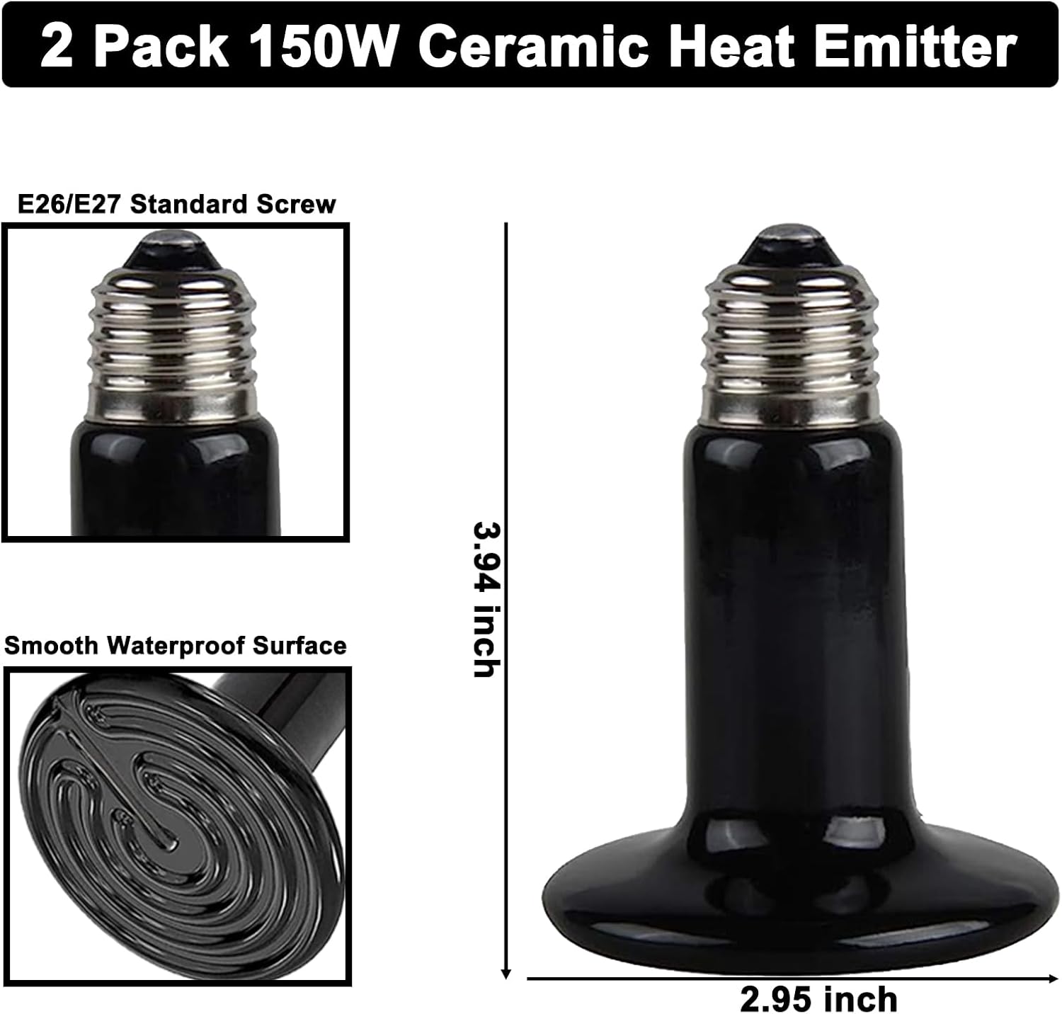 DXOPHIEX 15 inch Dual Reptile Light Fixture, Max 150W Reptile Heat Lamp with 2PCS 150W Ceramic Heat Emitter, Double Dome UVB Light Fixture for Terrarium and Tortoise Habitat - Image 2