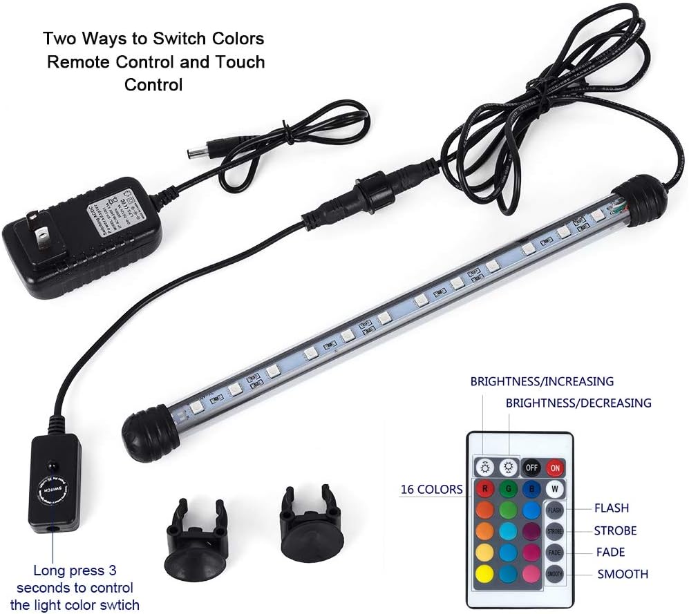 MQ 8 in Submersible LED Aquarium Light, 1.2W Color Changing Fish Tank Light with Remote Control, IP68 Crystal Glass 9 LEDs Lights Bar, for Fish Tank 10-15 inch - Image 6