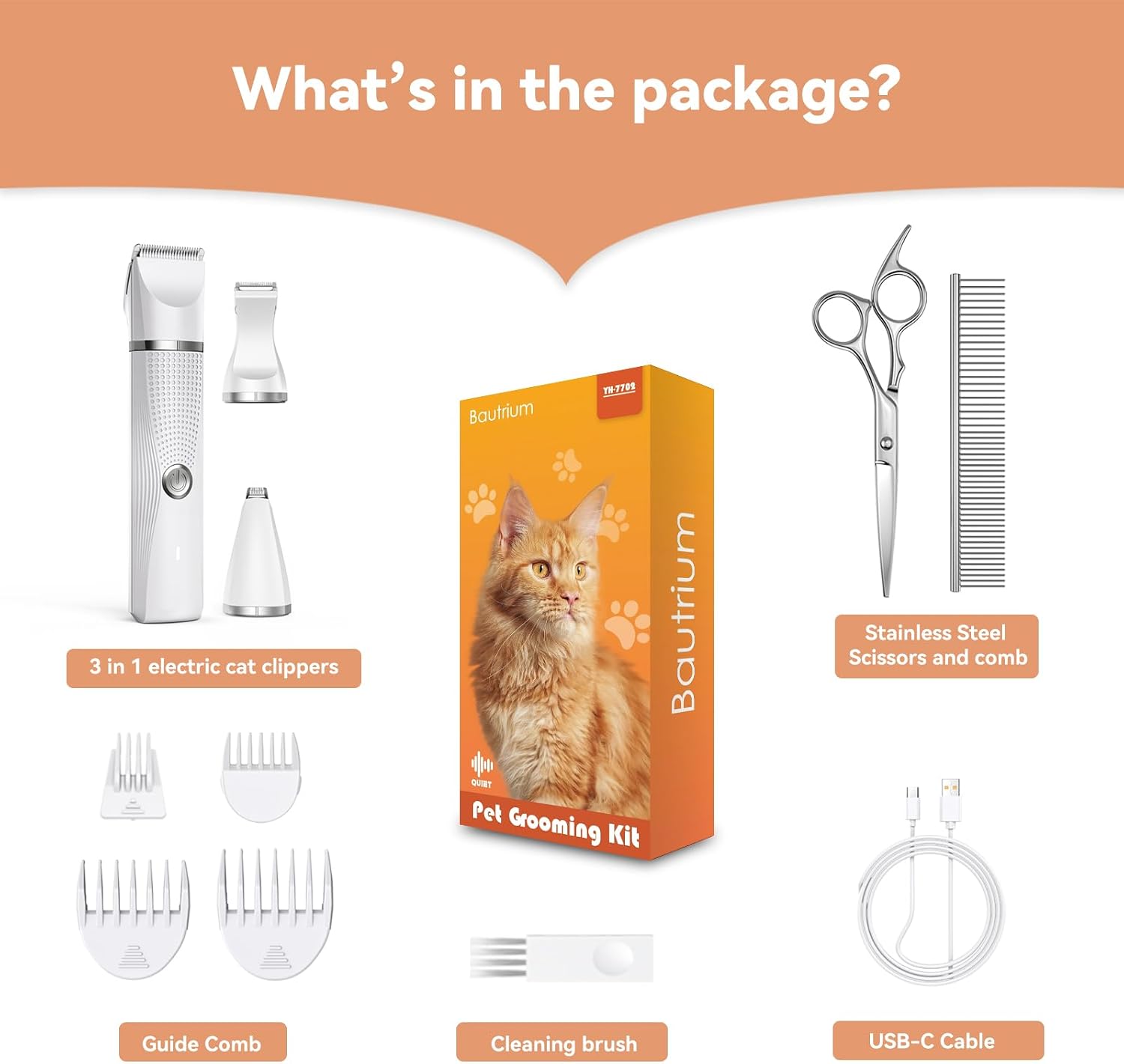 Cat Grooming Clippers Kit with Paw Trimmer, 3 in 1 Electric Pet Hair Trimmer Supplies for Thick Matted Hair, Heavy Coat Butt Shaver Cat Razor Fur Trimmer for Dogs at Home (White) - Image 6